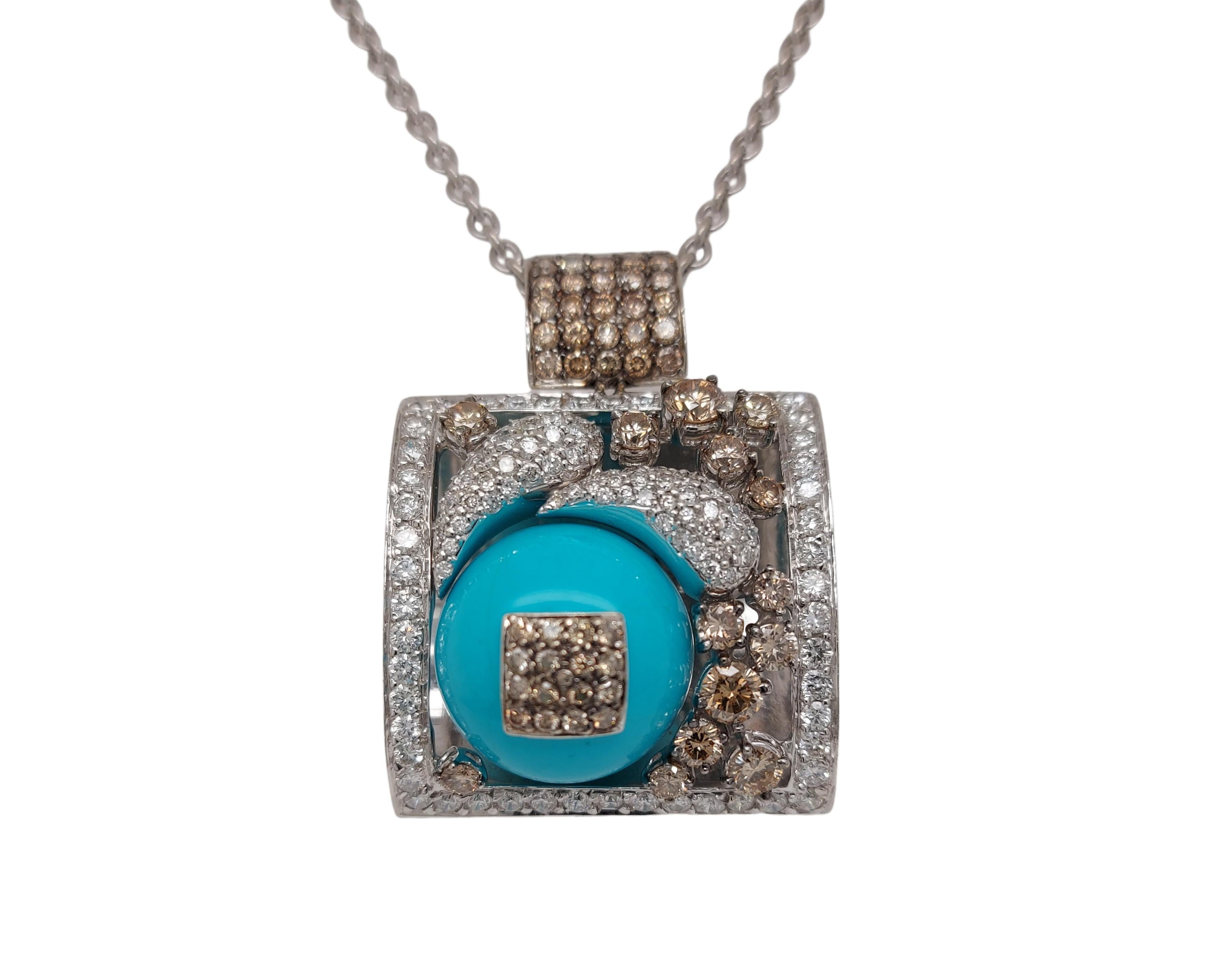 Stunning 18kt White Gold Pendant / Necklace with Turquoise and Diamonds In Excellent Condition In Antwerp, BE