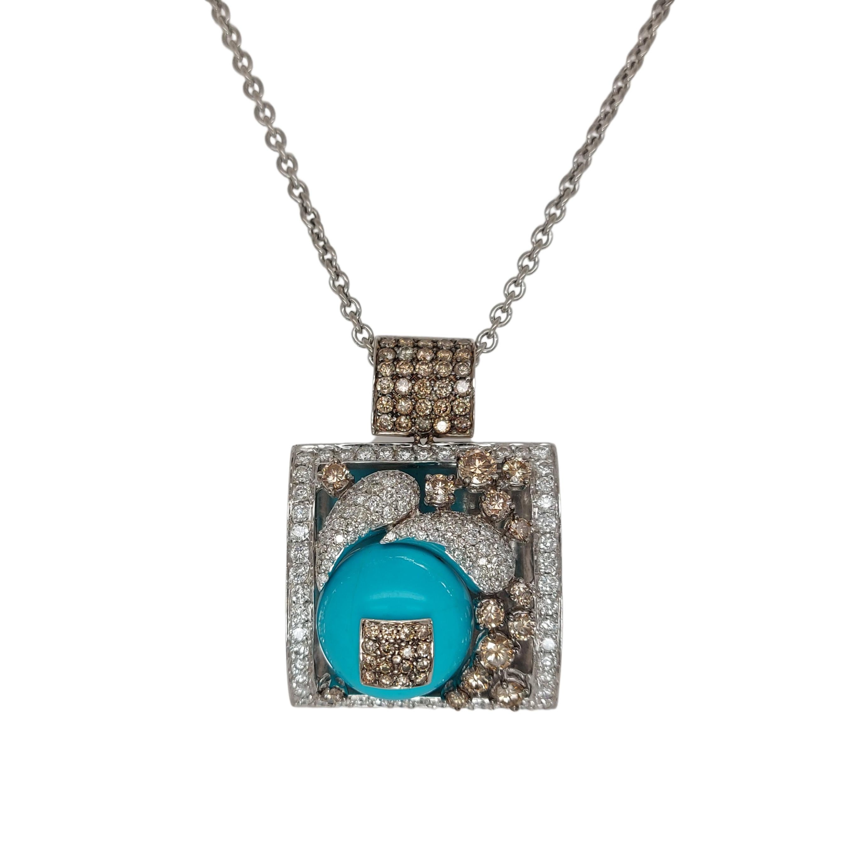 Women's or Men's Stunning 18kt White Gold Pendant / Necklace with Turquoise and Diamonds