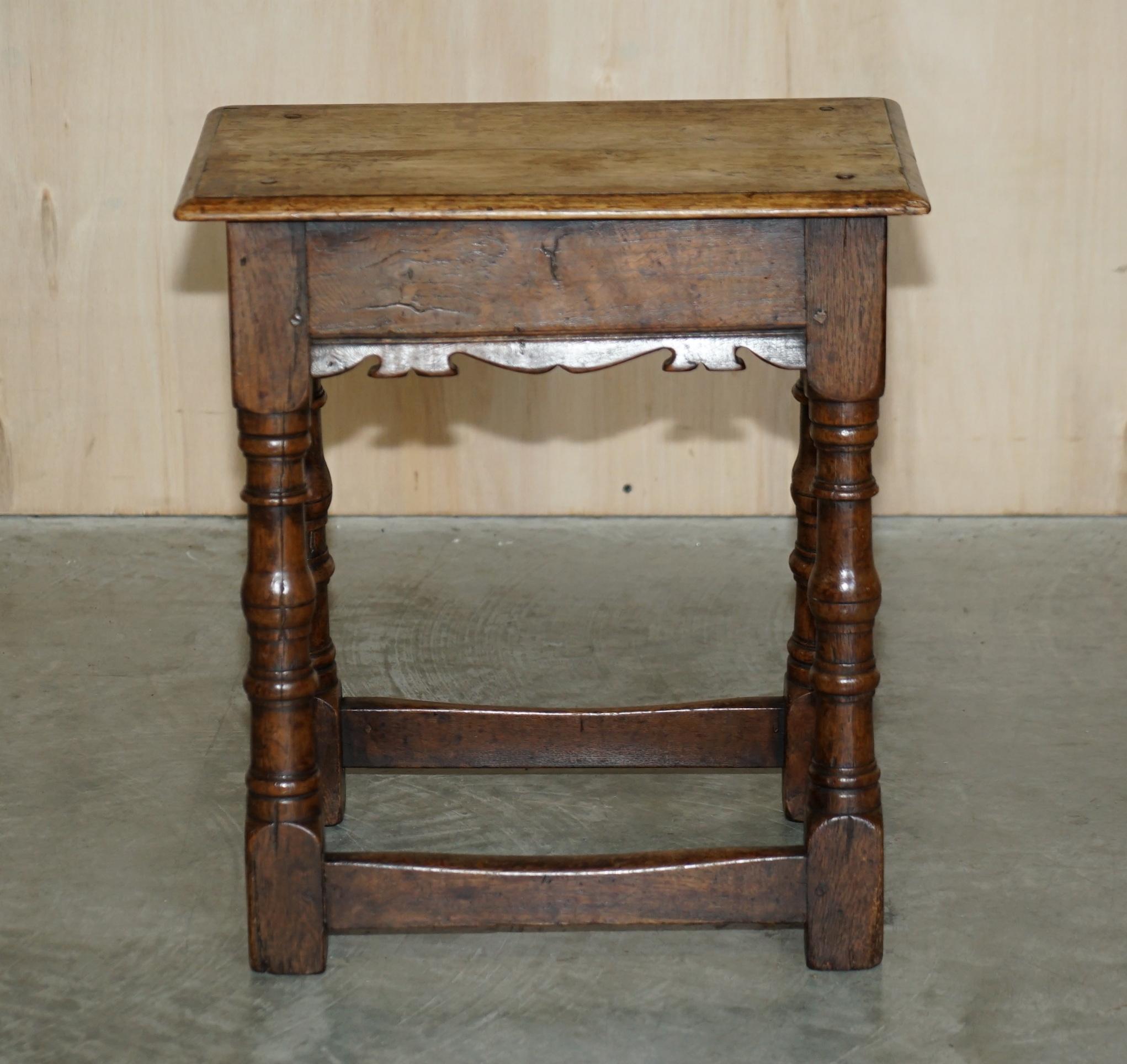 We are delighted to offer for sale this stunning 18th century circa 1760 oak jointed stool or side table with original wood nail dowels 

A nicely made genuine 260+ year old piece, beautifully carved and primitively made single pieces of English