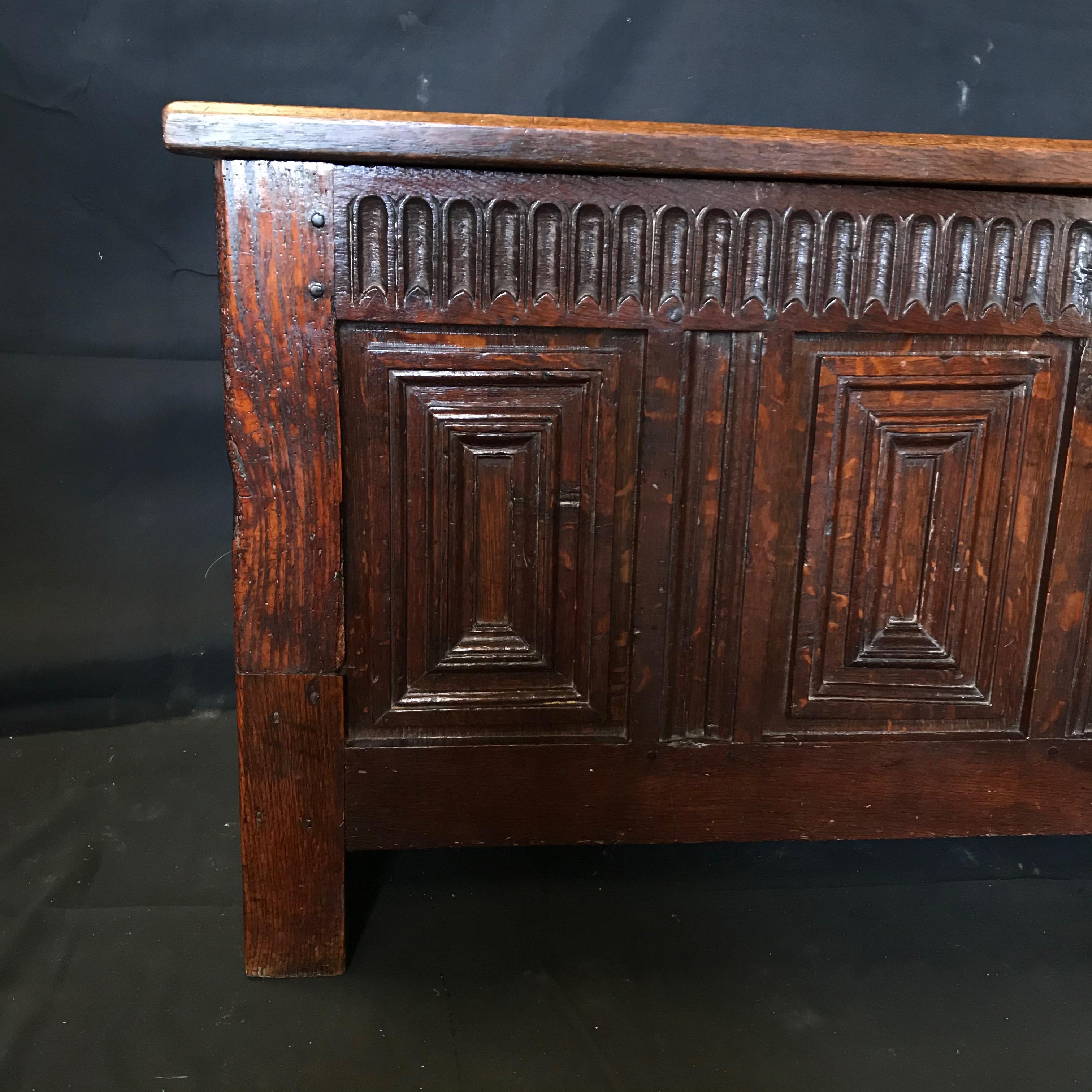 Wood Stunning 18th Century Highly Carved Paneled French Coffer Chest For Sale