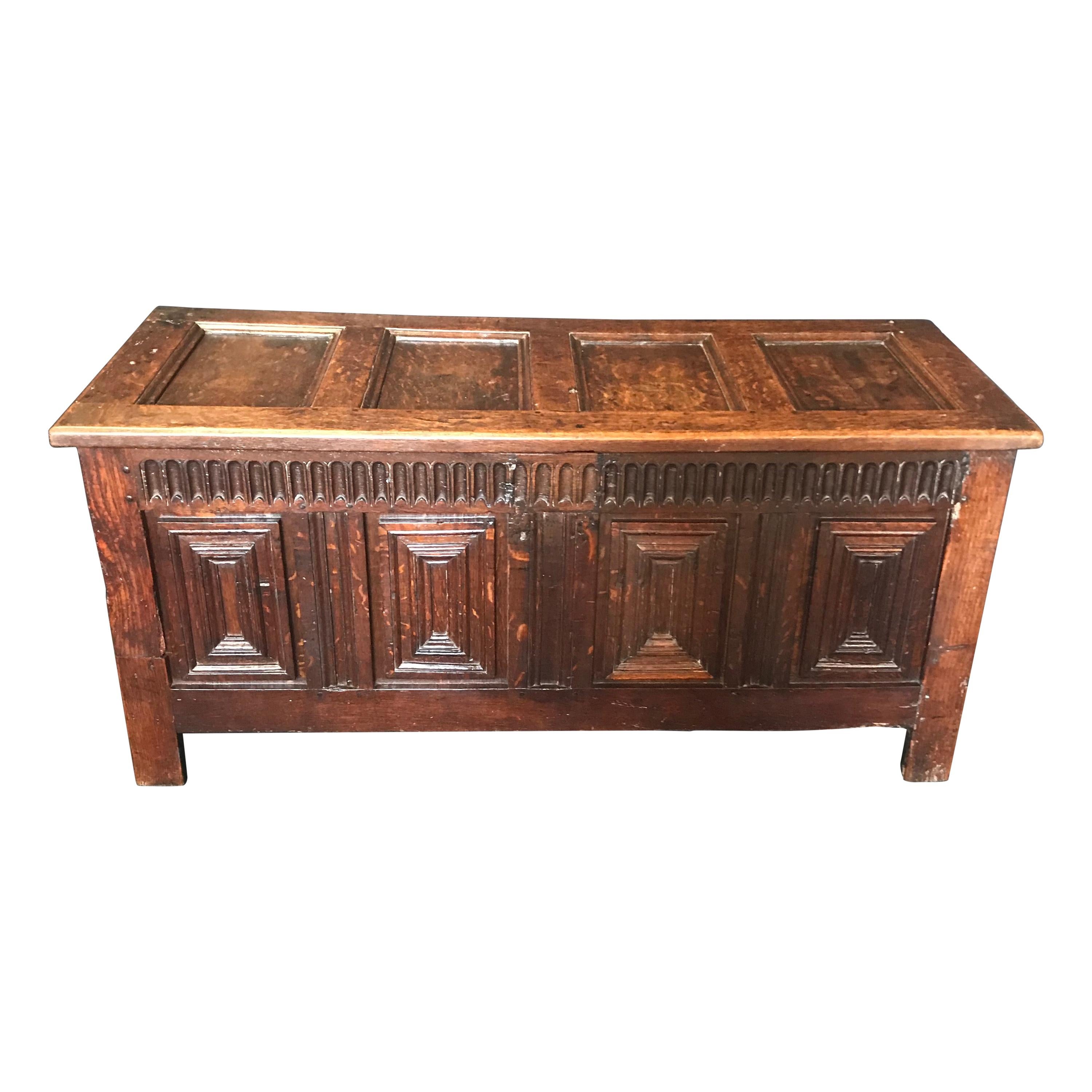 Stunning 18th Century Highly Carved Paneled French Coffer Chest For Sale