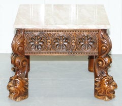 Stunning 18th Century Style Side Table Lion Head Carved Wood Legs Marble Top