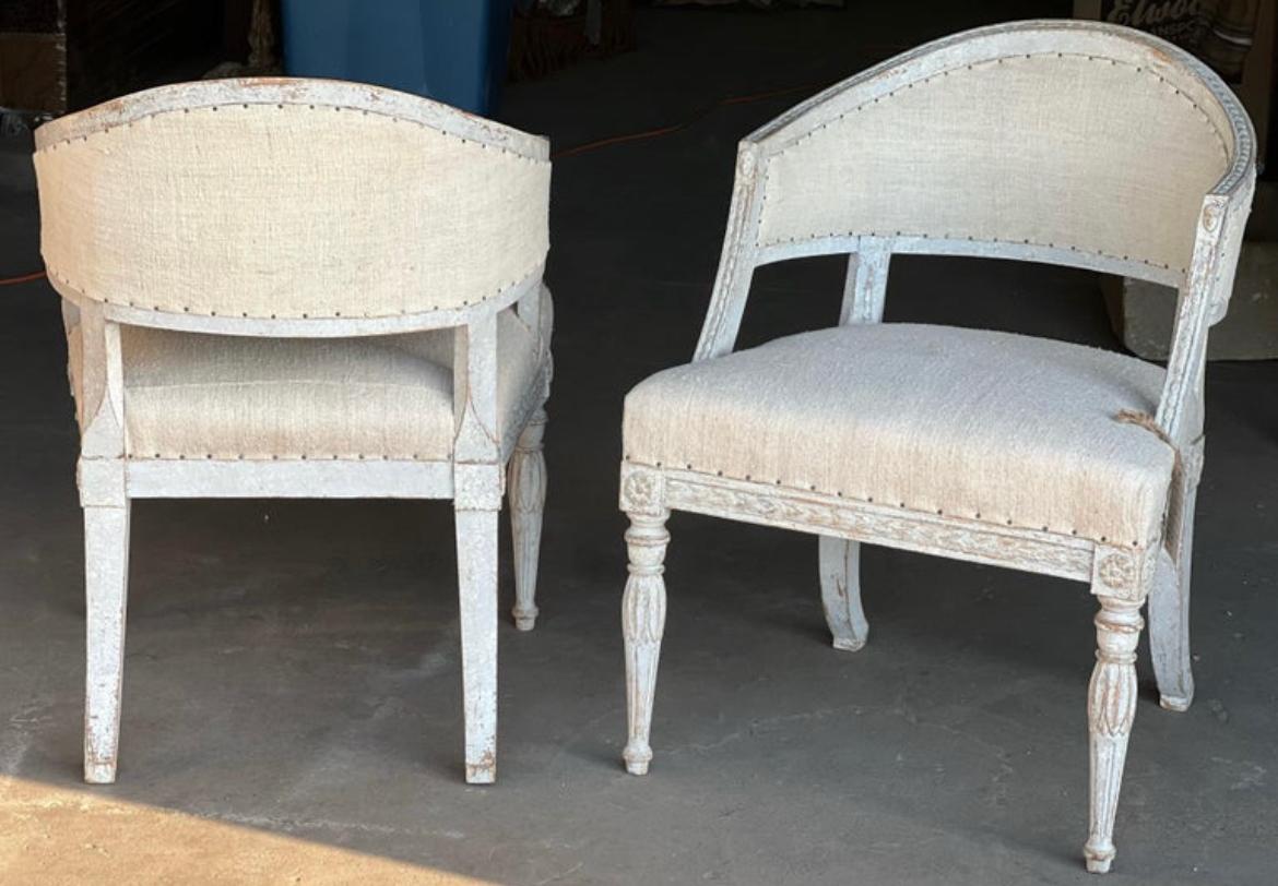 Hand-Carved Stunning 18th Century Swedish Gustavian Barrel Back Chairs, Pair For Sale