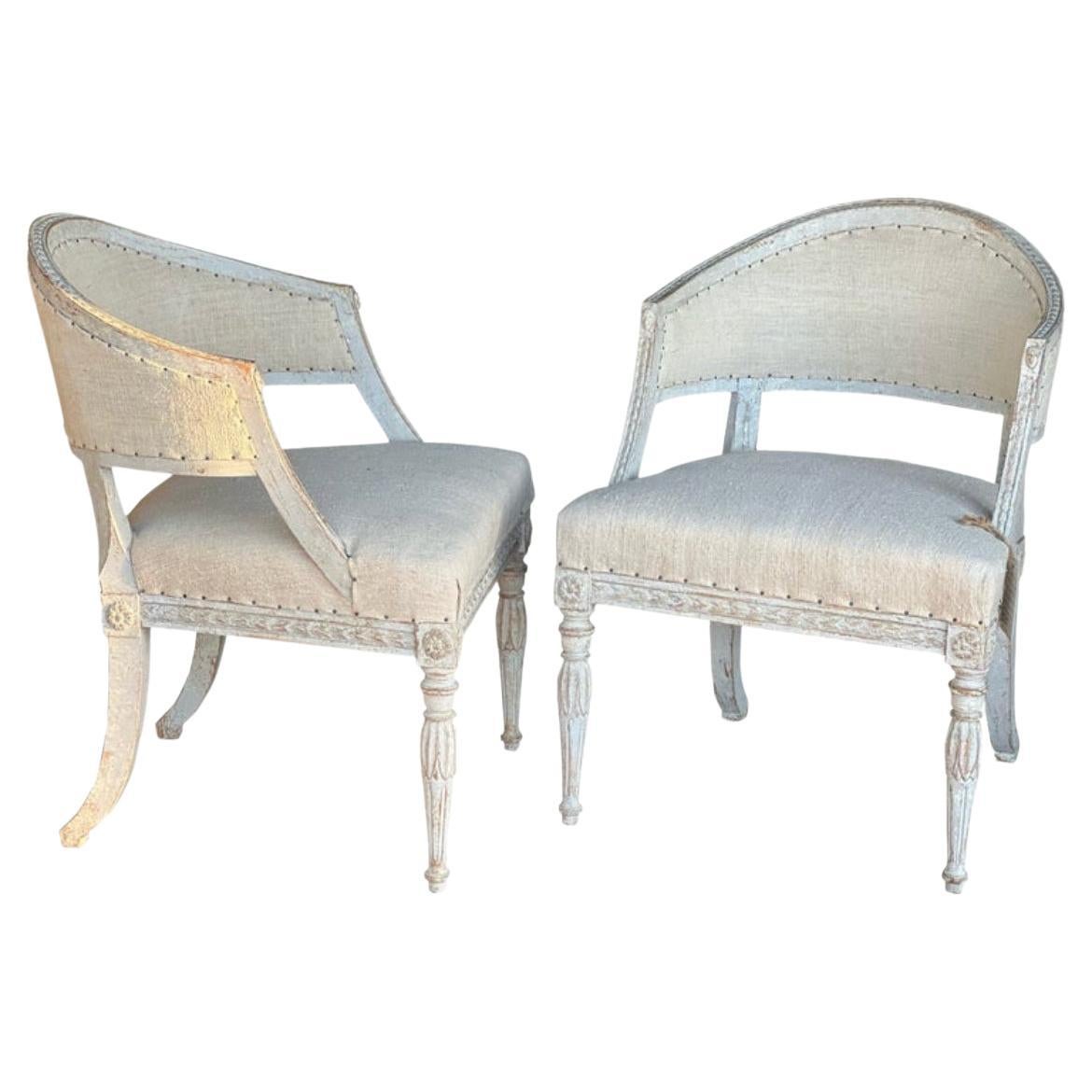 Stunning 18th Century Swedish Gustavian Barrel Back Chairs, Pair For Sale