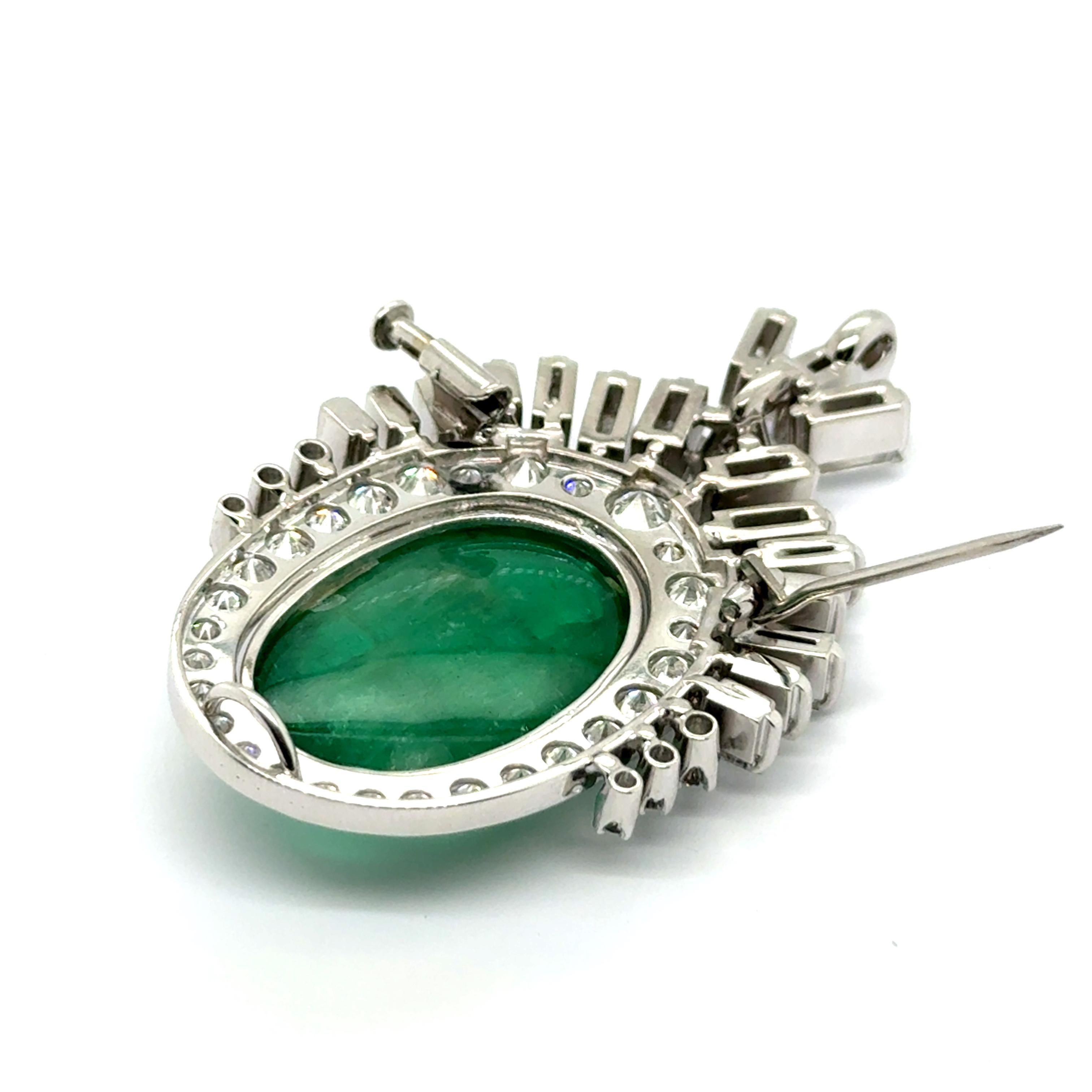 Cabochon Stunning 19.00 Carat Emerald & Diamond Brooch-Pendant in Platinum 950 For Sale