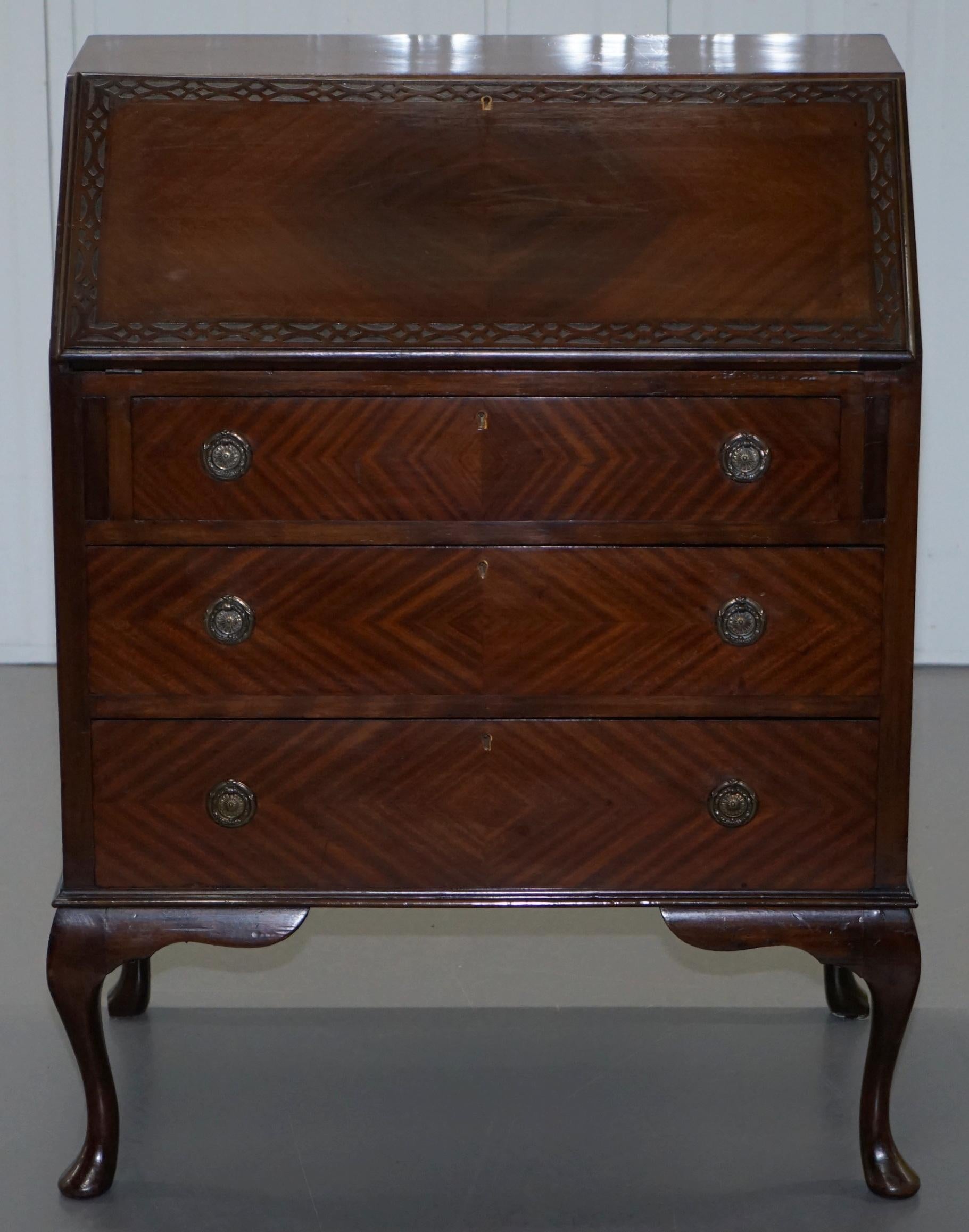 We are delighted to offer for sale this lovely circa 1900 mahogany drop front bureau in the Thomas Chippendale style

A good looking and well made piece, it has Chippendale style fret work carving, the handles are in the style of Gillows, it is a