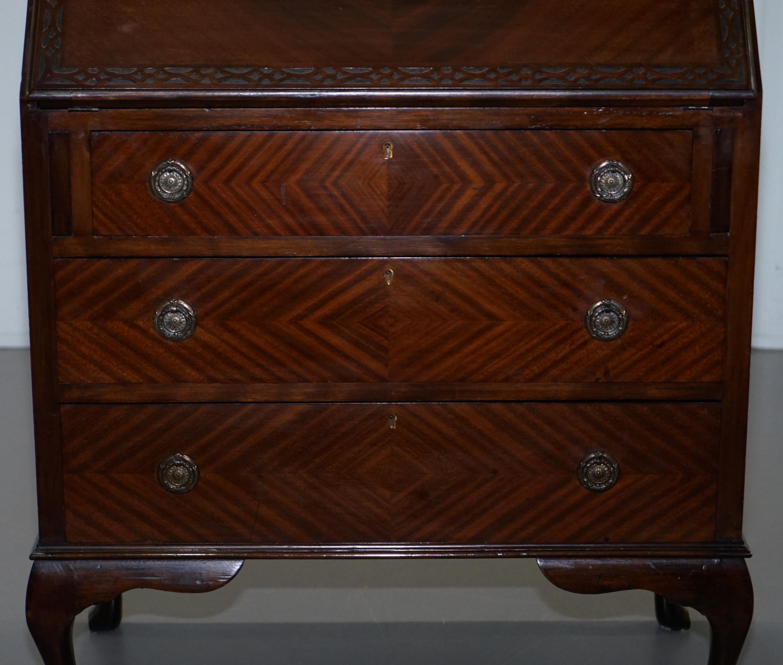 English Stunning 1900 Hardwood Chippendale Drop Front Bureau Desk Lovely Timber Patina