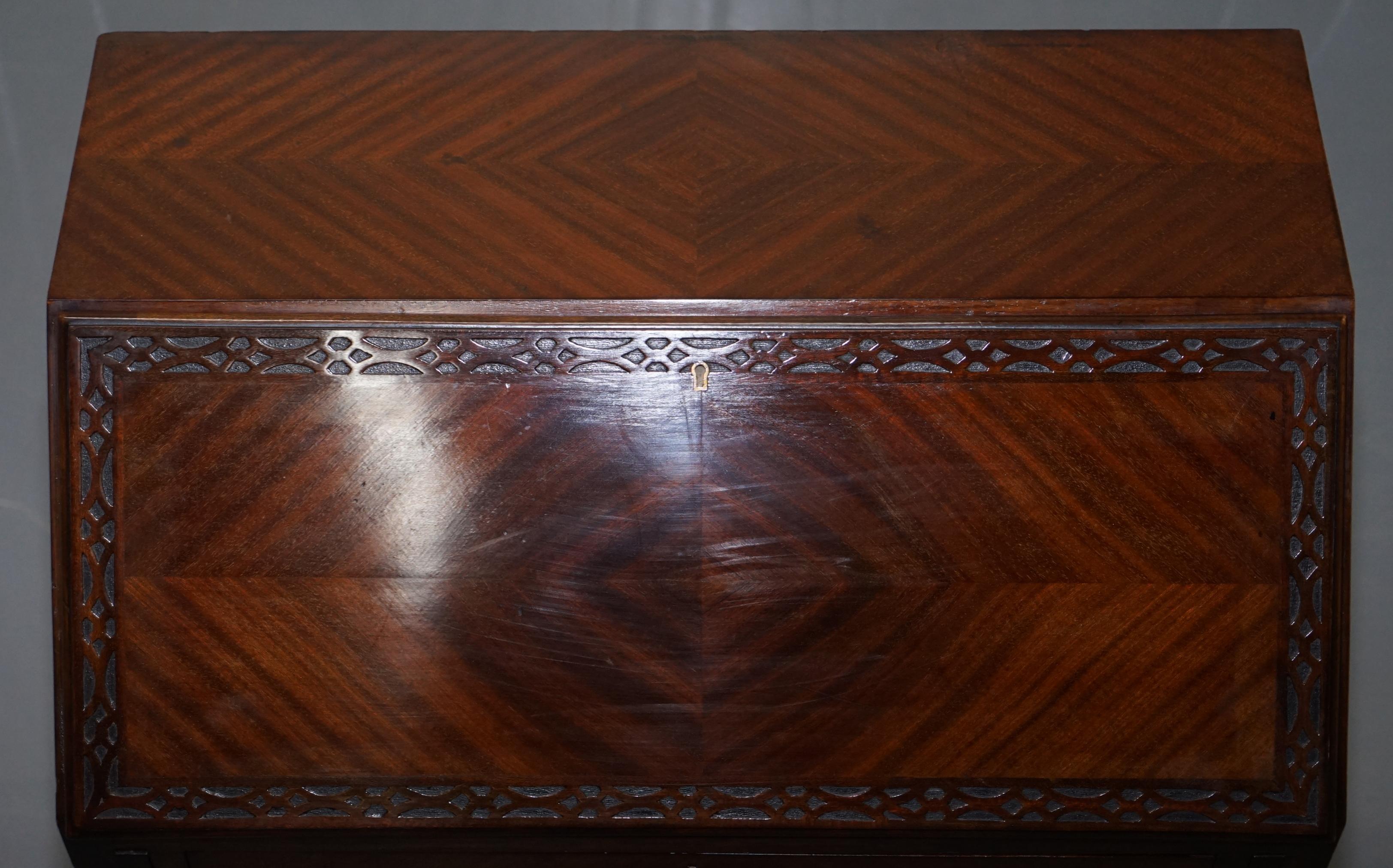 Stunning 1900 Hardwood Chippendale Drop Front Bureau Desk Lovely Timber Patina 3