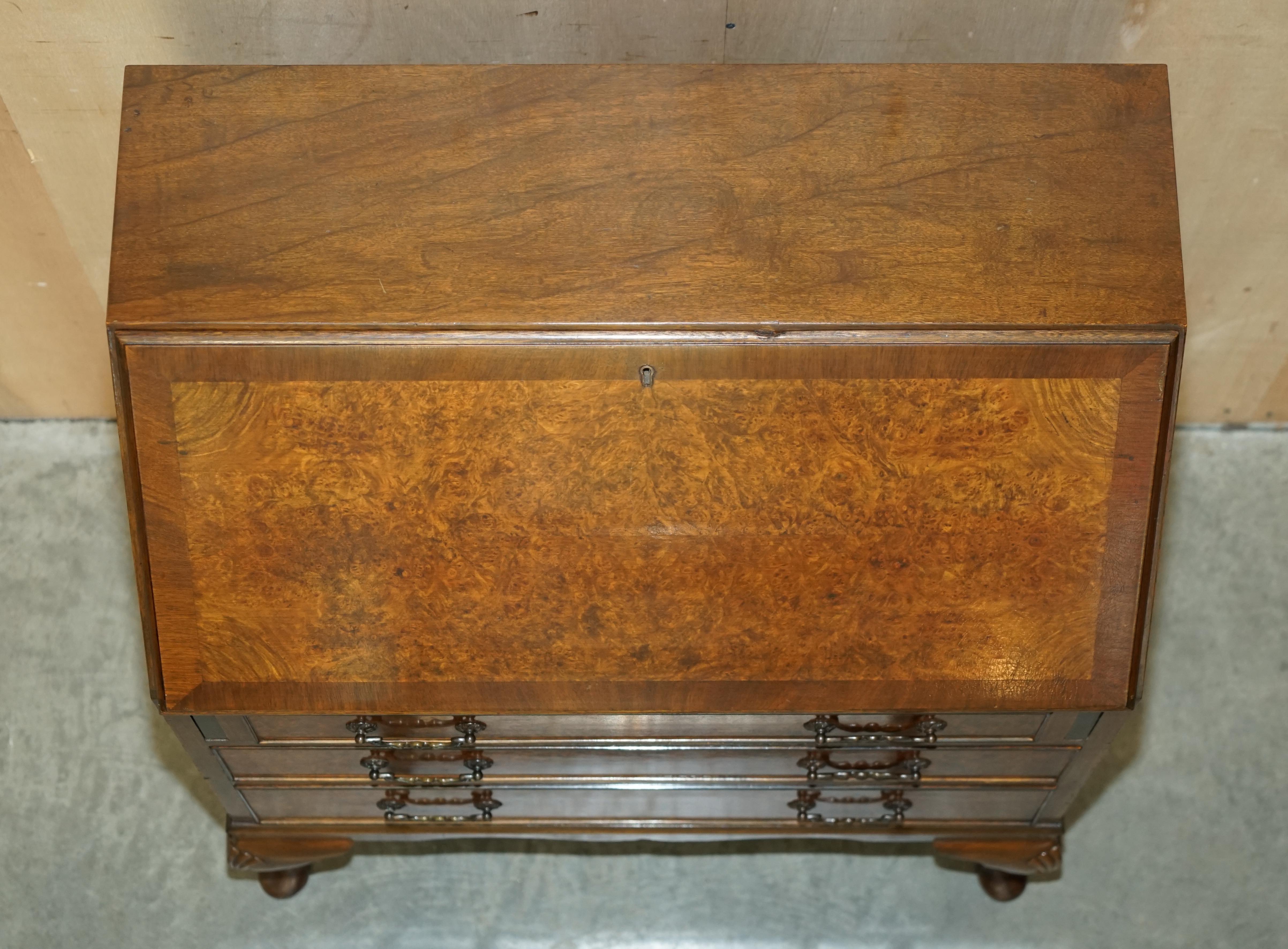 Stunning 1900s Burr & Burl Walnut Drop Front Bureau Desk Lovely Timber Patina For Sale 5
