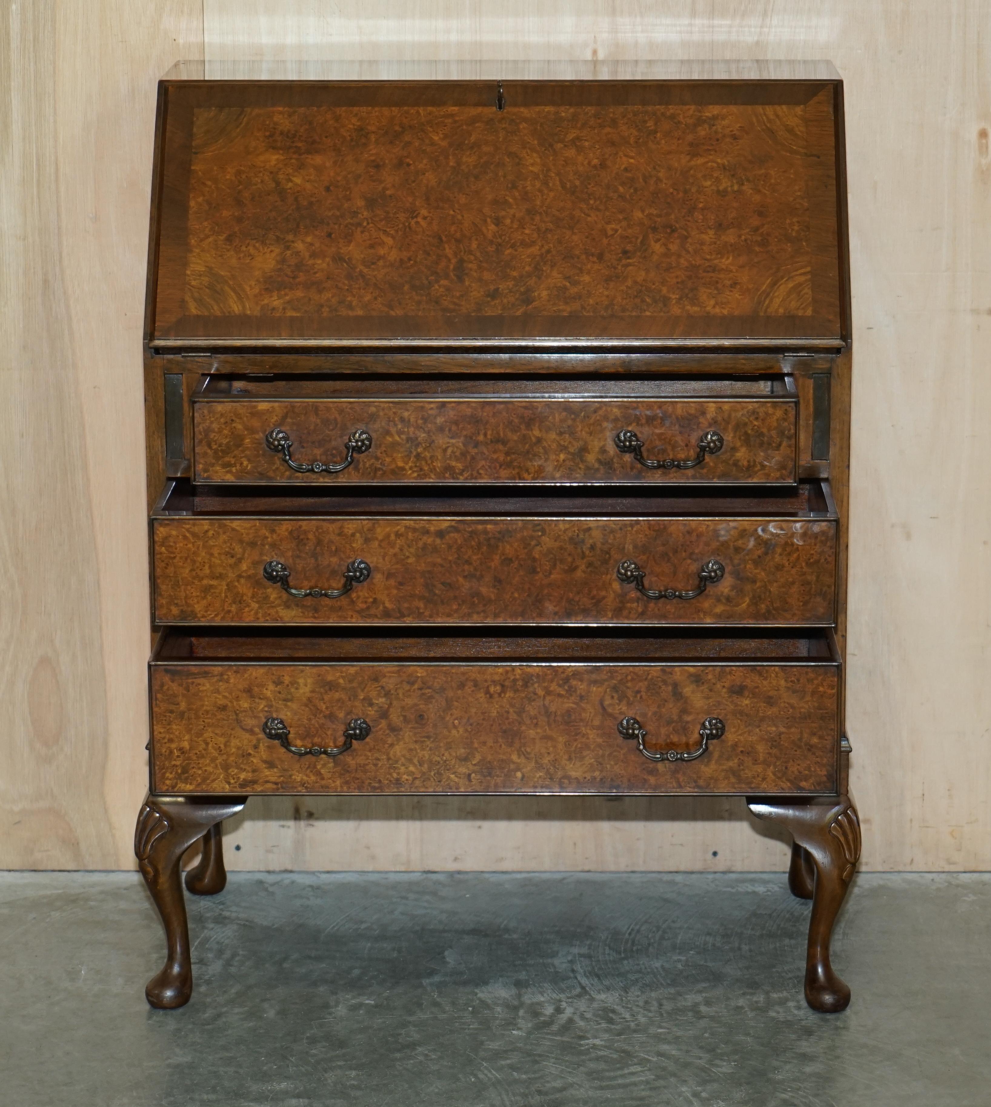 Stunning 1900s Burr & Burl Nussbaum Drop Front Bureau Schreibtisch Lovely Timber Patina im Angebot 11