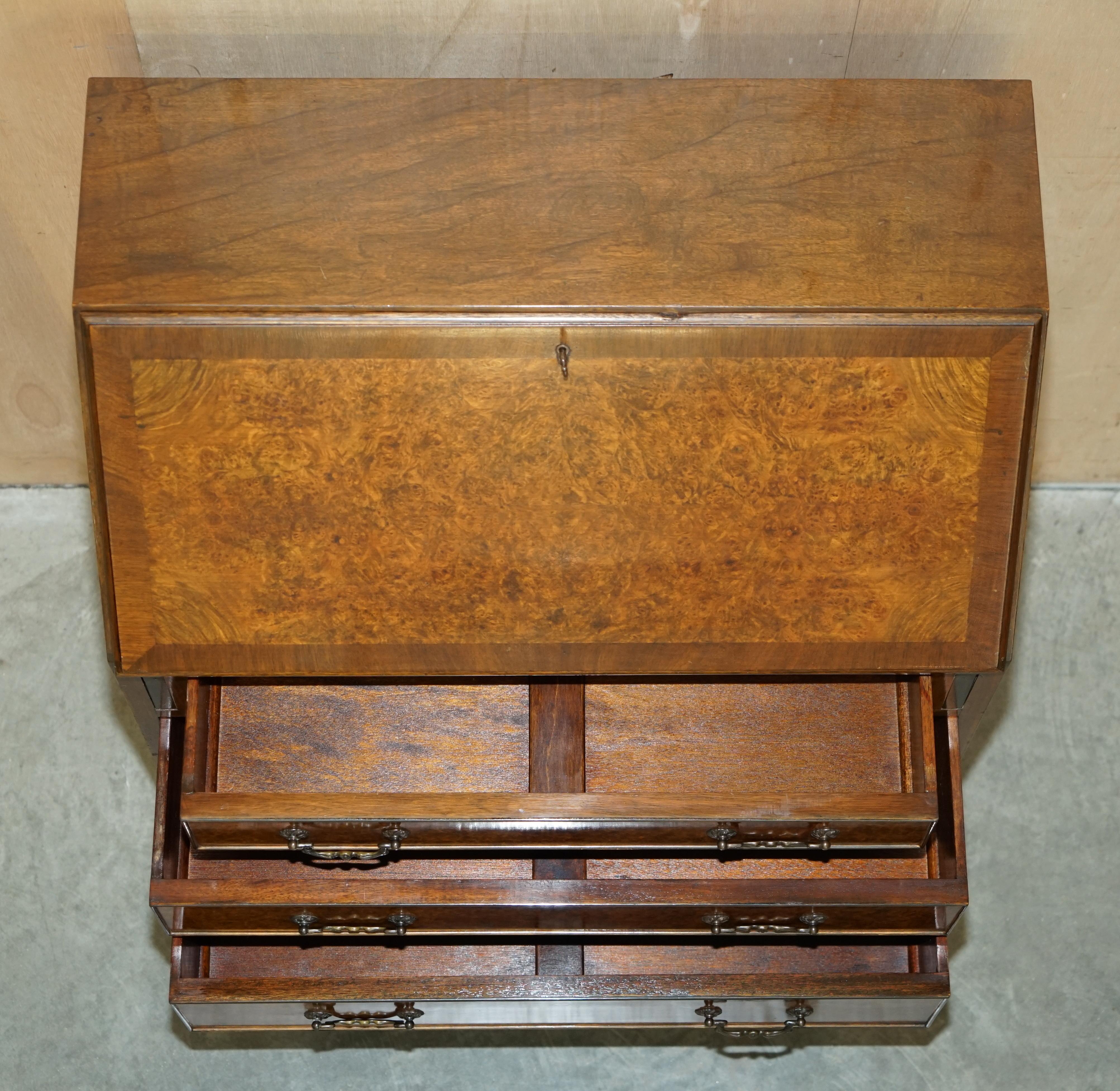 Stunning 1900s Burr & Burl Walnut Drop Front Bureau Desk Lovely Timber Patina For Sale 14