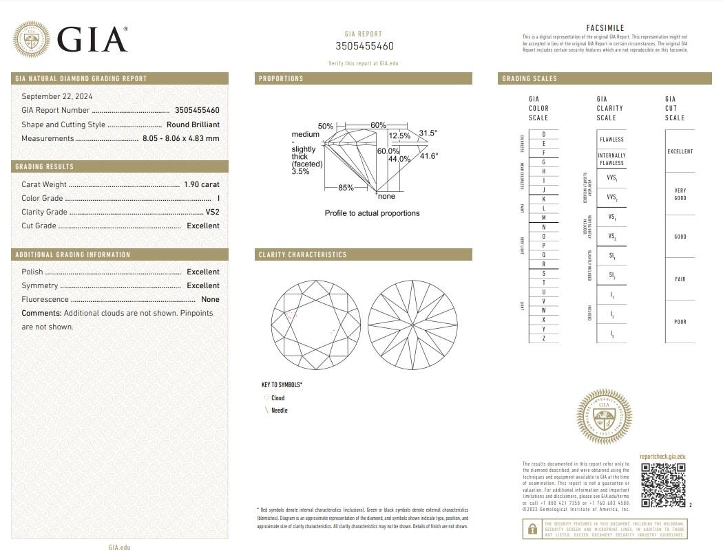 Stunning 1.90ct Triple Excellent Ideal Cut Round-Shaped Diamond - GIA Certified

This breathtaking 1.90-carat round diamond features the triple excellent ideal cut, ensuring unparalleled brilliance and sparkle. Certified by GIA, this diamond is the