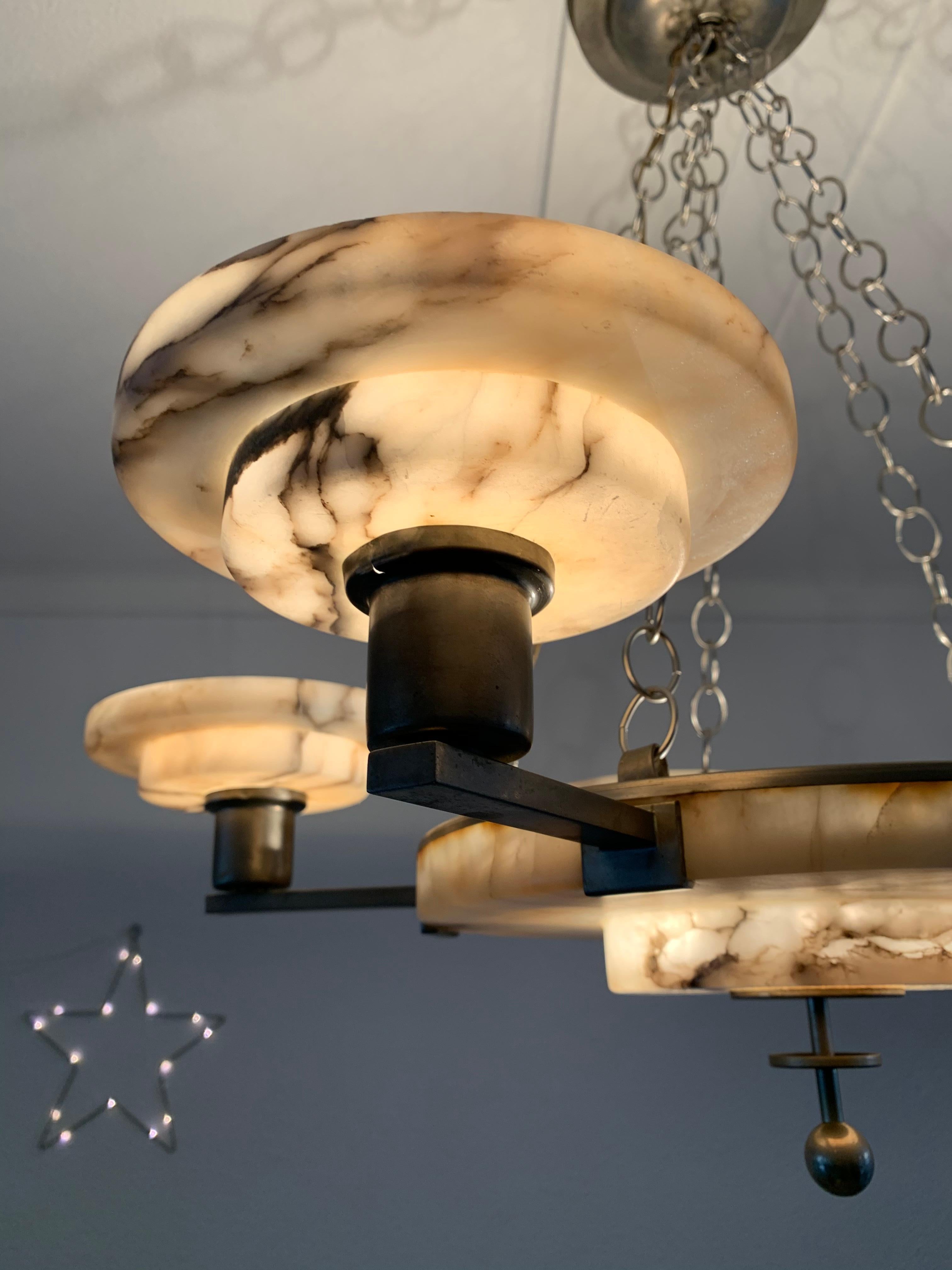 Stunning 1910s Vienna Secession Alabaster and Brass Six-Light Pendant Chandelier 3