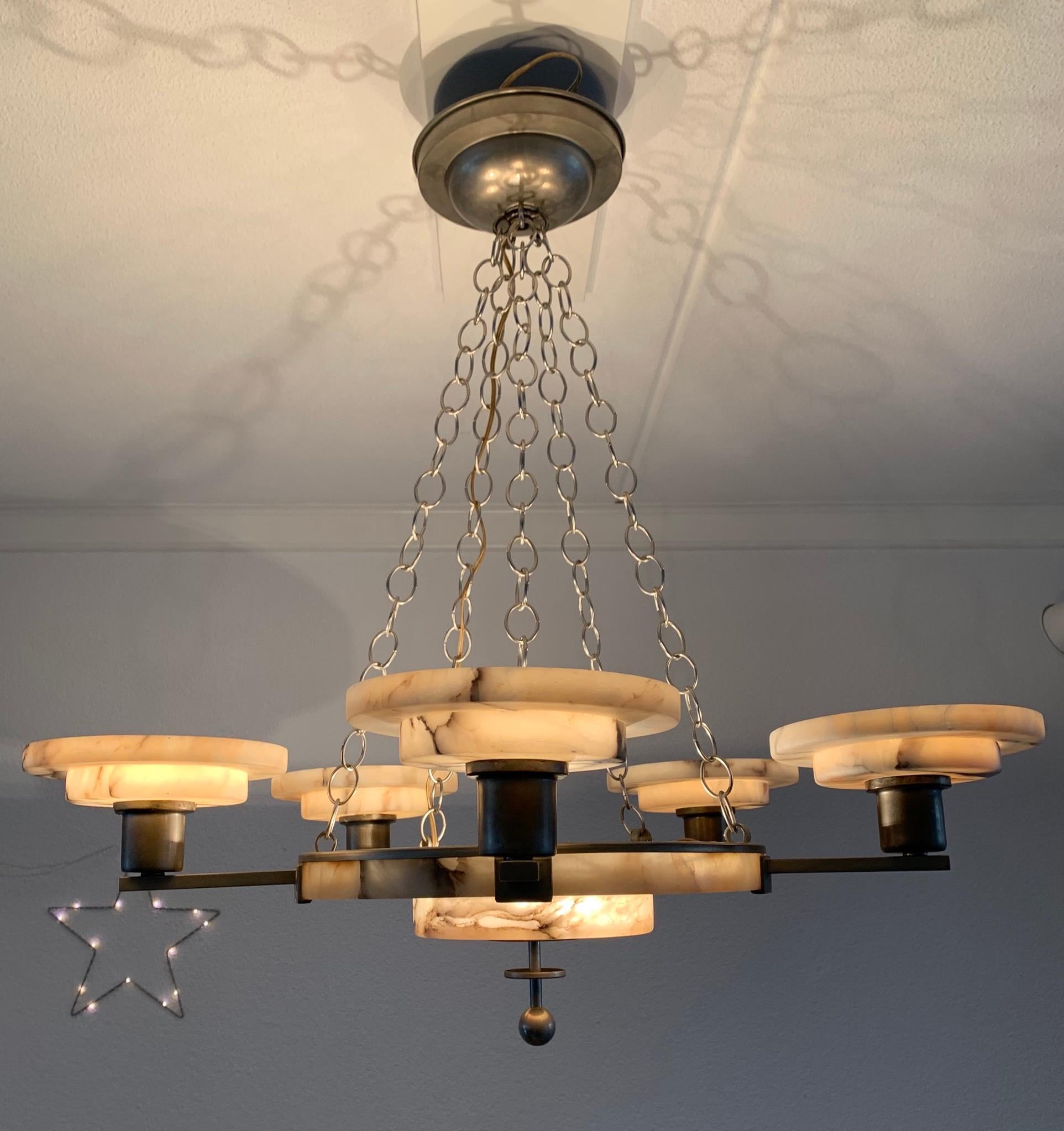 Stunning 1910s Vienna Secession Alabaster and Brass Six-Light Pendant Chandelier 8