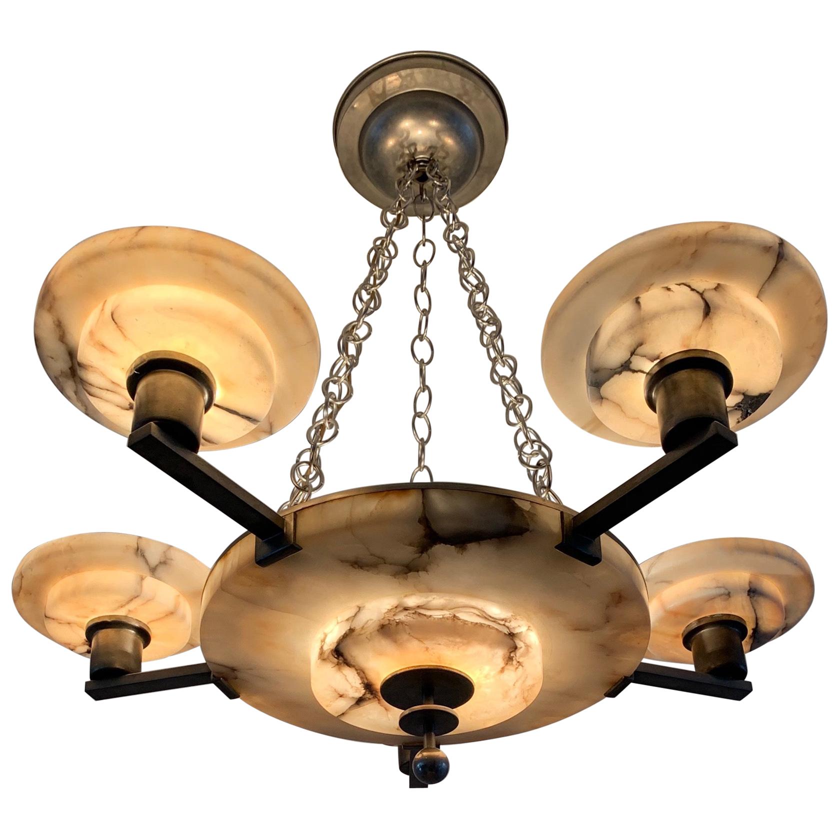 Stunning 1910s Vienna Secession Alabaster and Brass Six-Light Pendant Chandelier