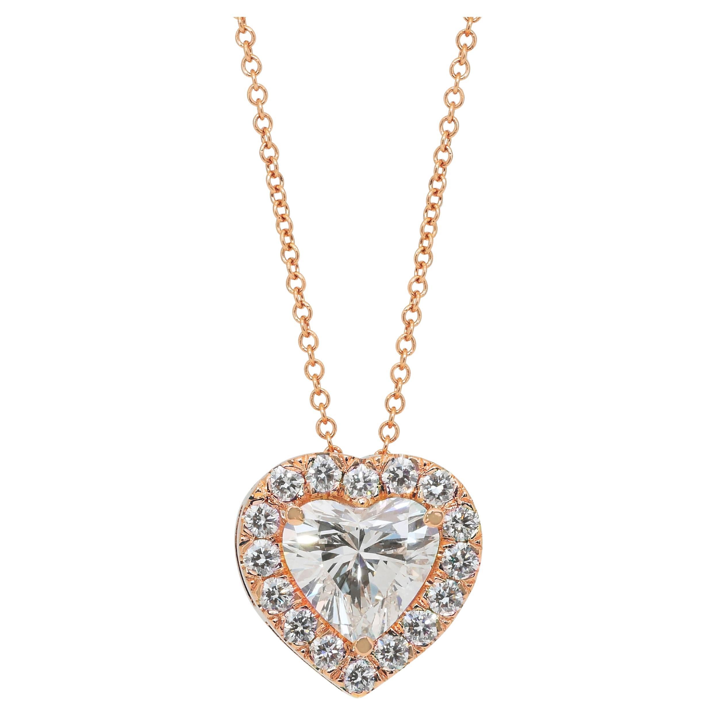 Splendida collana di diamanti da 1,91 carati con ciondolo a forma di cuore in oro rosa 18 carati - IGI in vendita