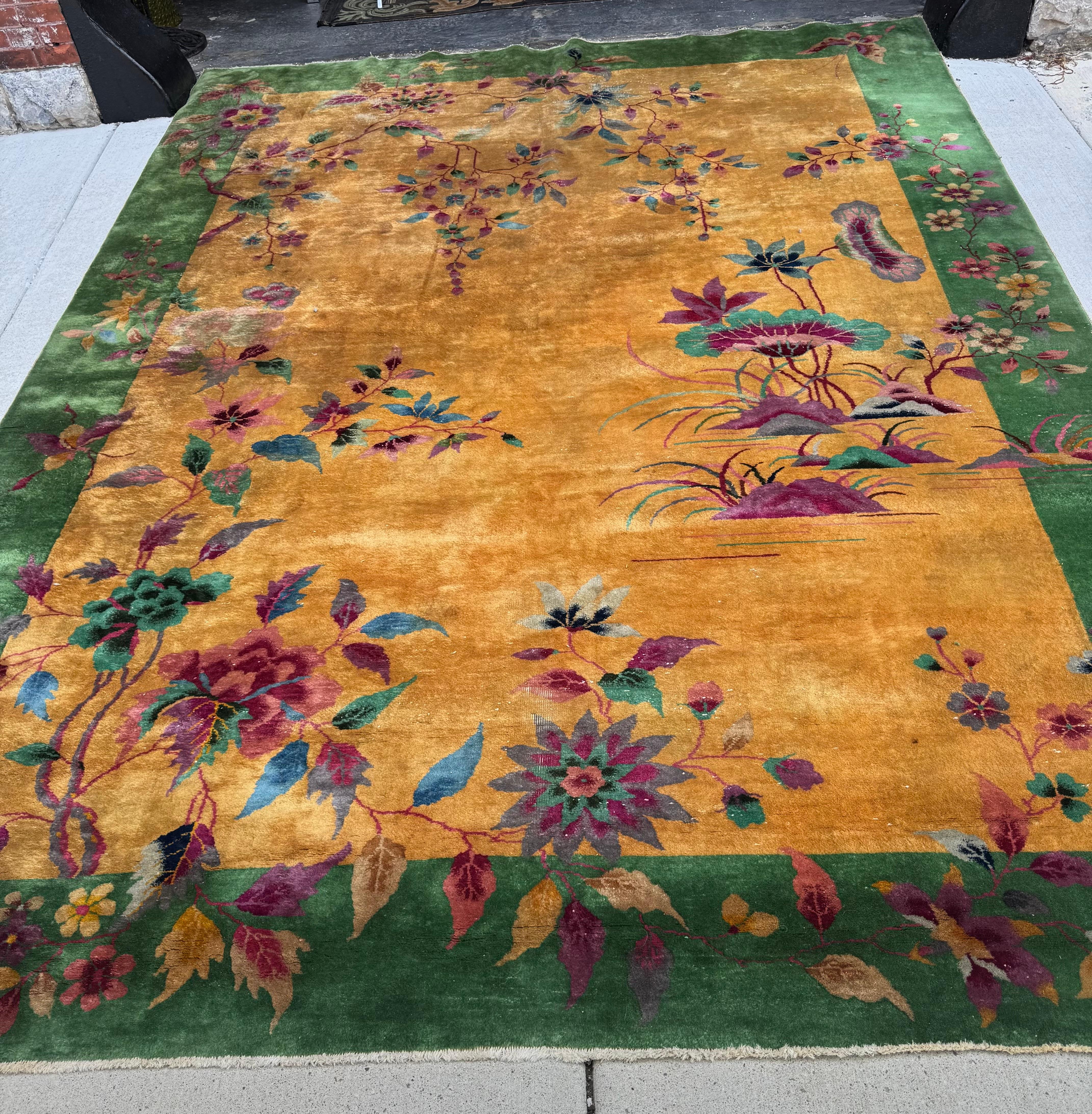Stunning 1920s / 30s Chinese Art Deco Carpet , Nichols Workshop.. Amazing , rich colors. Large gold field, emerald green.. A couple of minor wear spots,, some foundation showing through..