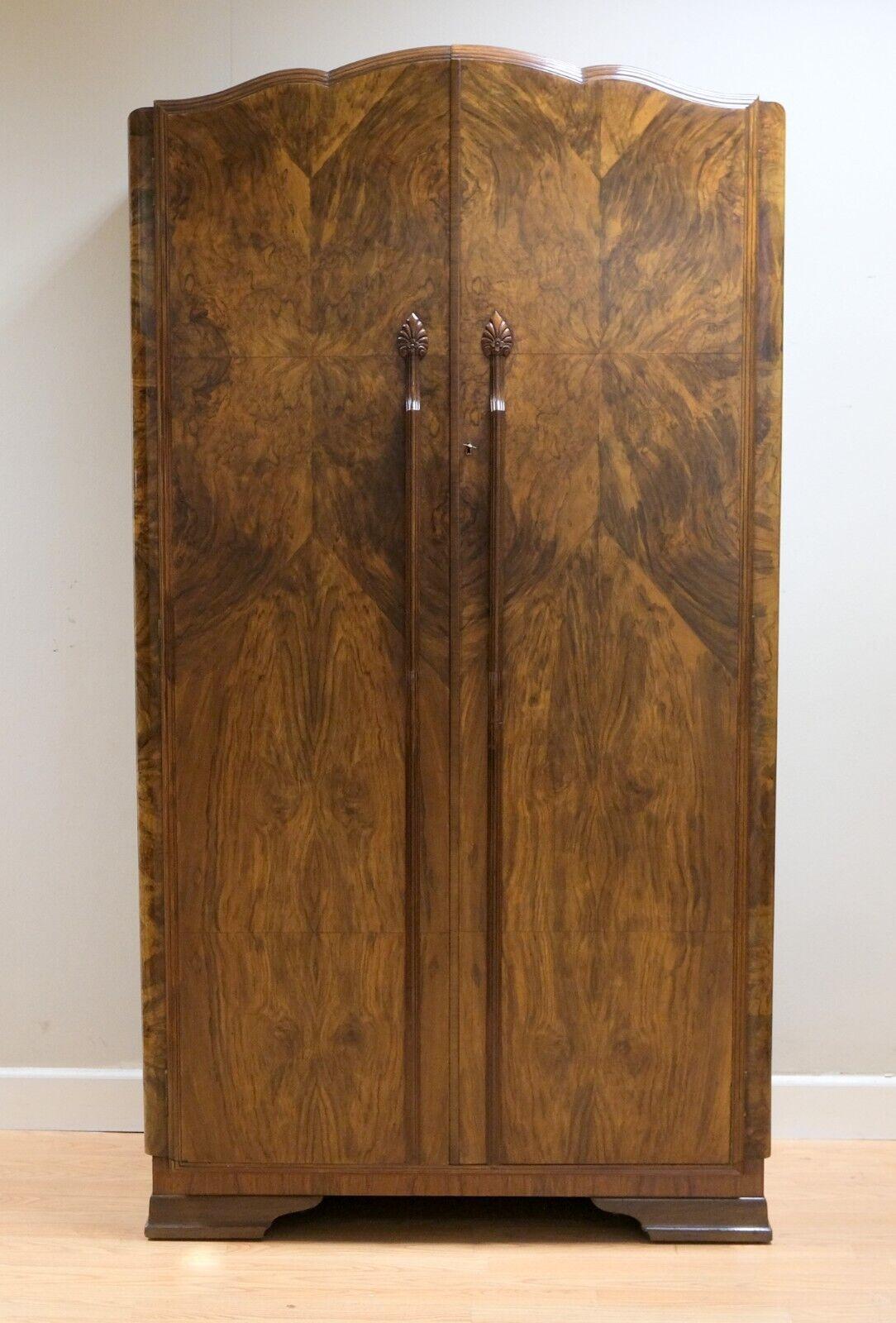 English Stunning 1920's Art Deco Burr Small Walnut Wardrobe Serpentine Shape Doors