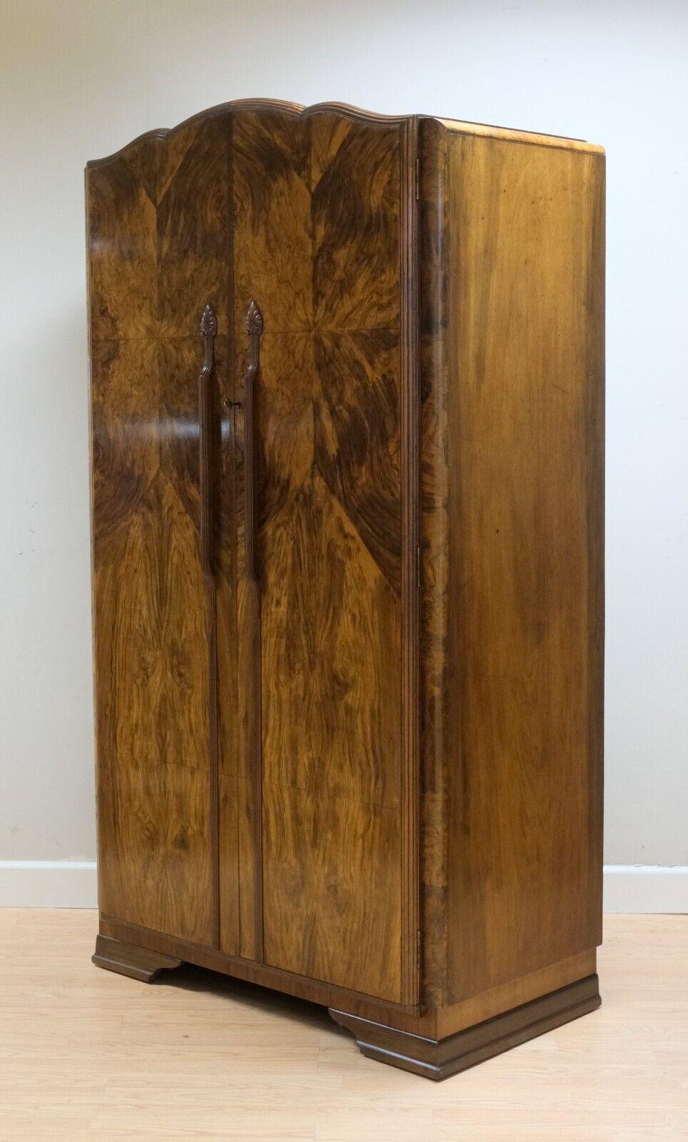Hand-Crafted Stunning 1920's Art Deco Burr Small Walnut Wardrobe Serpentine Shape Doors