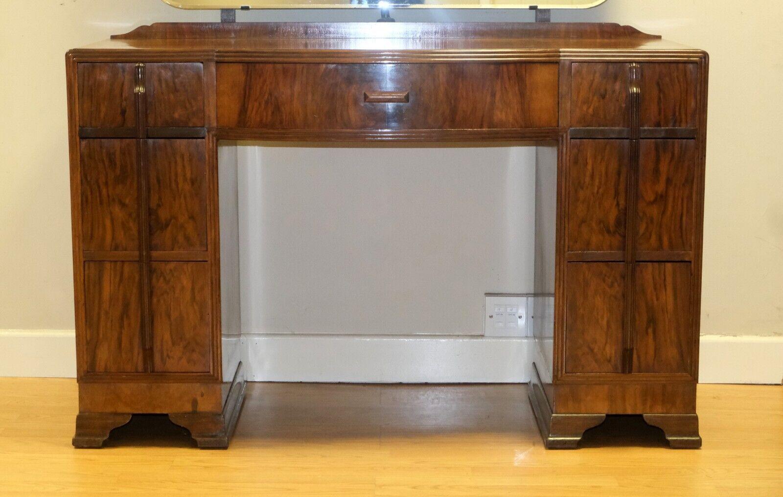 English STUNNING 1920's ART DECO BURR WALNUT DRESSING TABLE WITH SEVEN DRAWERS