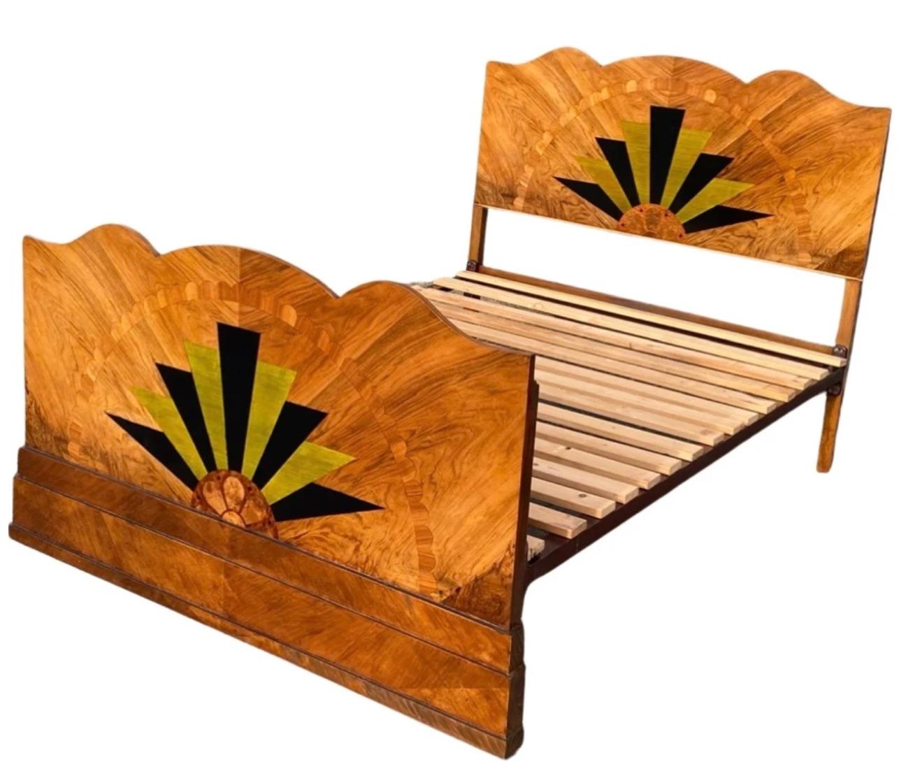 European Stunning 1920’s Art Deco Sunray Inlaid Double Bed For Sale