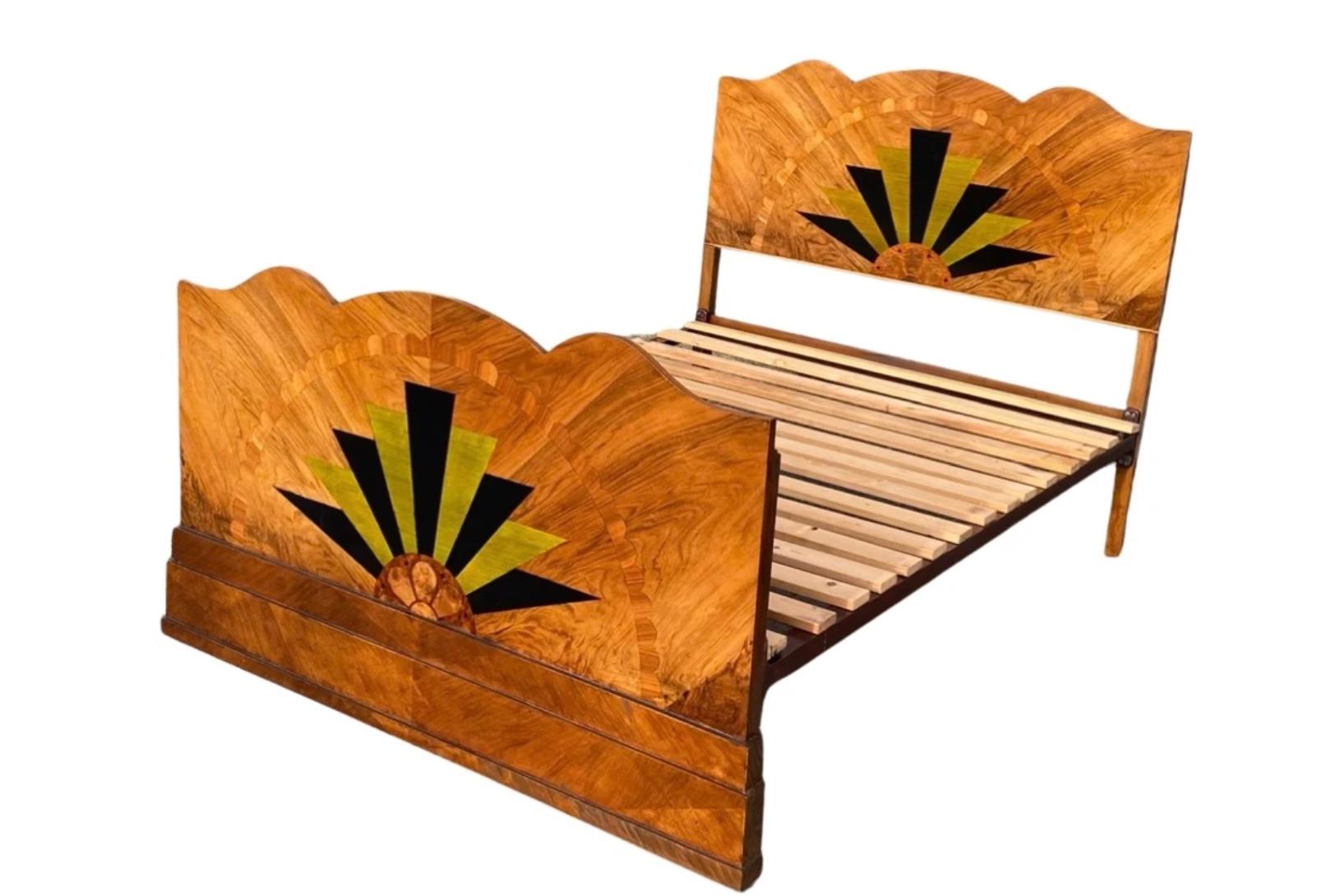 Walnut Stunning 1920’s Art Deco Sunray Inlaid Double Bed For Sale