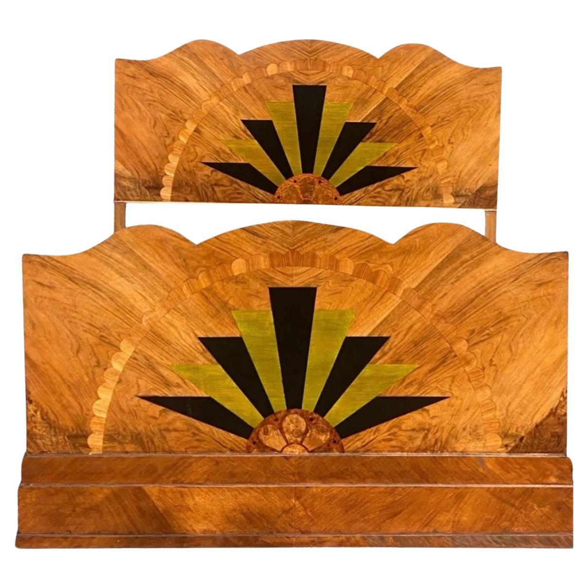 Stunning 1920’s Art Deco Sunray Inlaid Double Bed For Sale