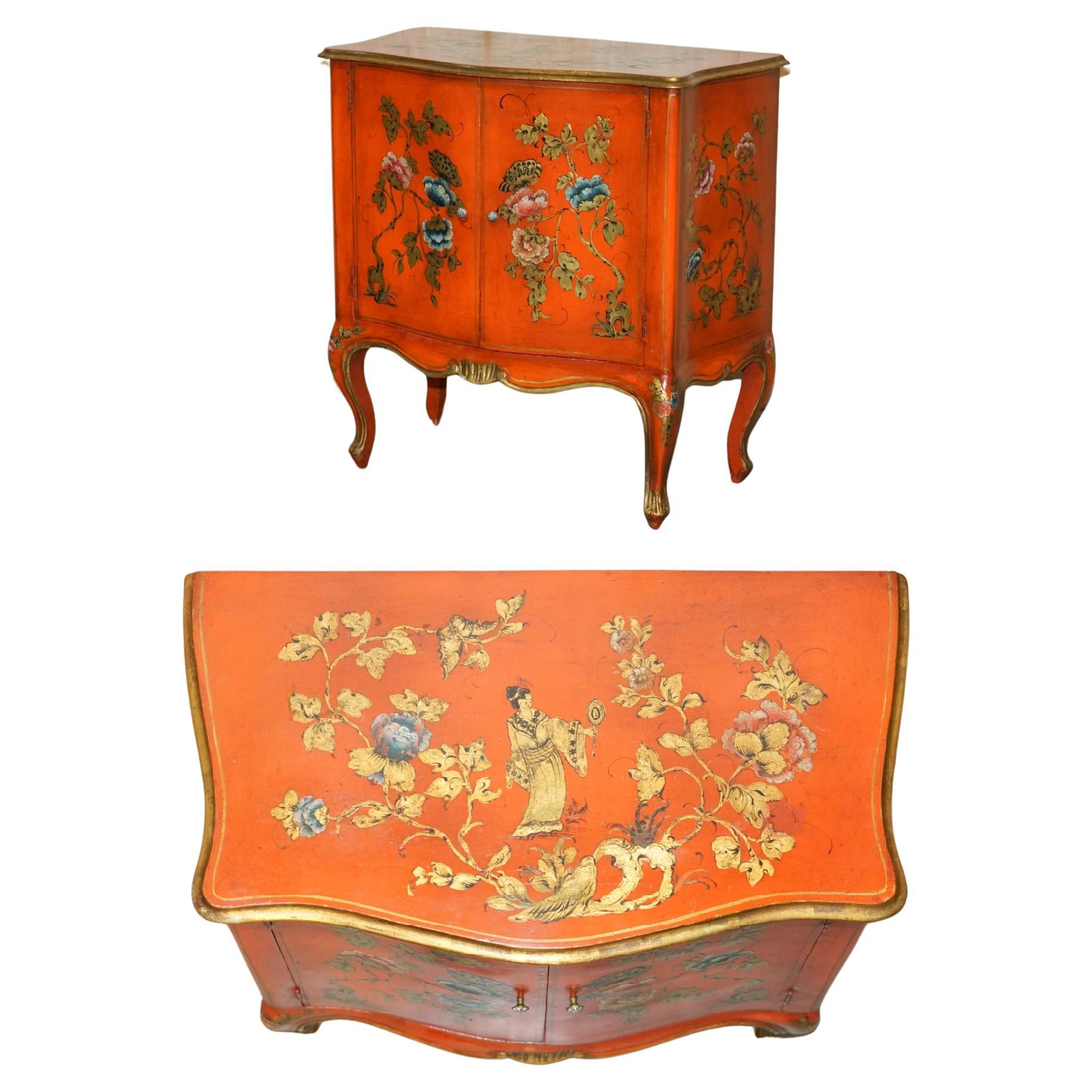 STUNNING 1920's VINTAGE CHINESE CHINOISERIE GEISHA GIRLS LACQUER SIDE CABINET For Sale