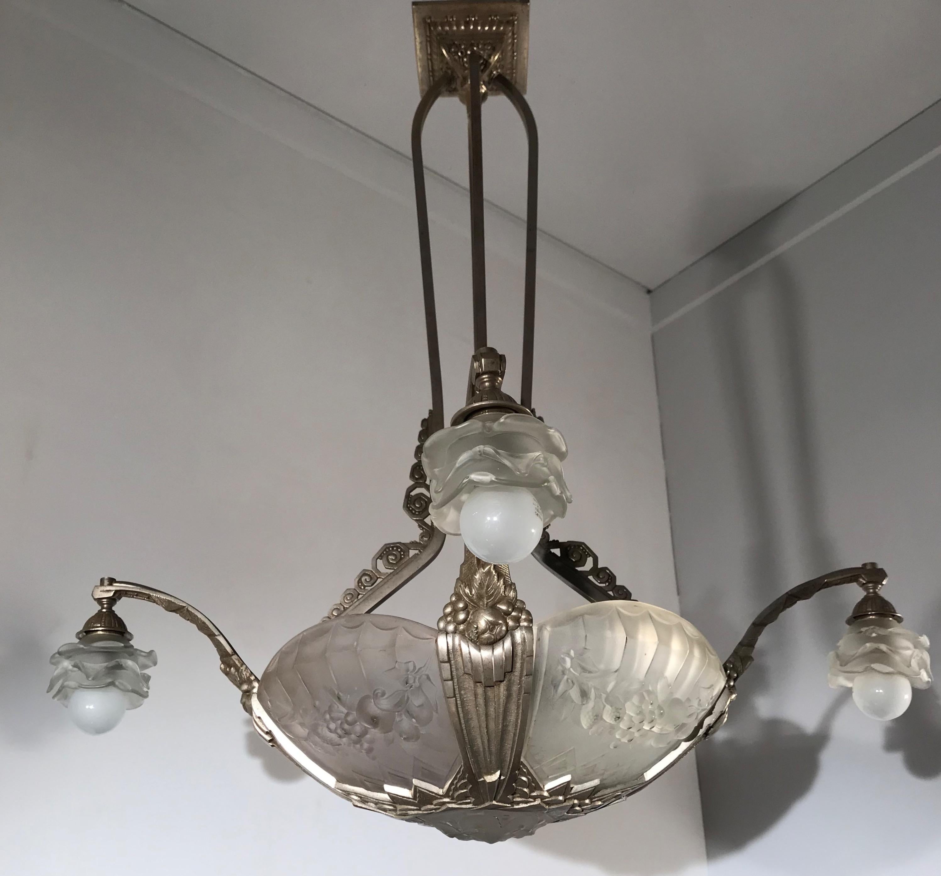 Stunning 1930s Art Deco Glass and Bronze Pendant Chandelier by P. Gilles, France 1