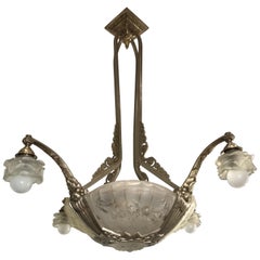 Stunning 1930s Art Deco Glass and Bronze Pendant Chandelier by P. Gilles, France