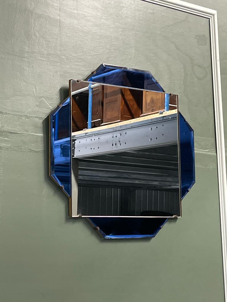 STUNNING 1930's FRENCH ART DECO COBALT BLUE BEVELLED WALL MIRROR For