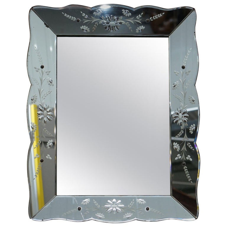 Stunning 1930s French Art Deco Venetian Etched and Engraved Beveled Mirror For Sale