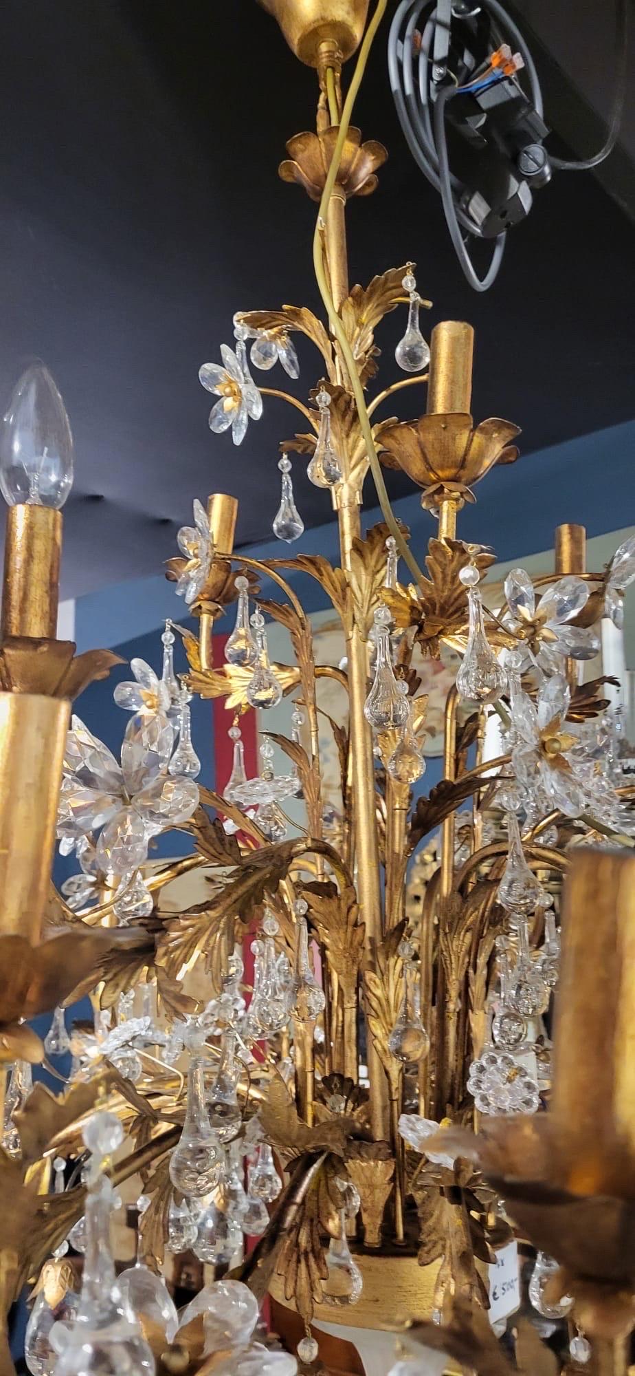 Superbe lustre italien des années 1930 en métal doré et cristal de Murano 100x90cm Bon état - En vente à Worthing, GB