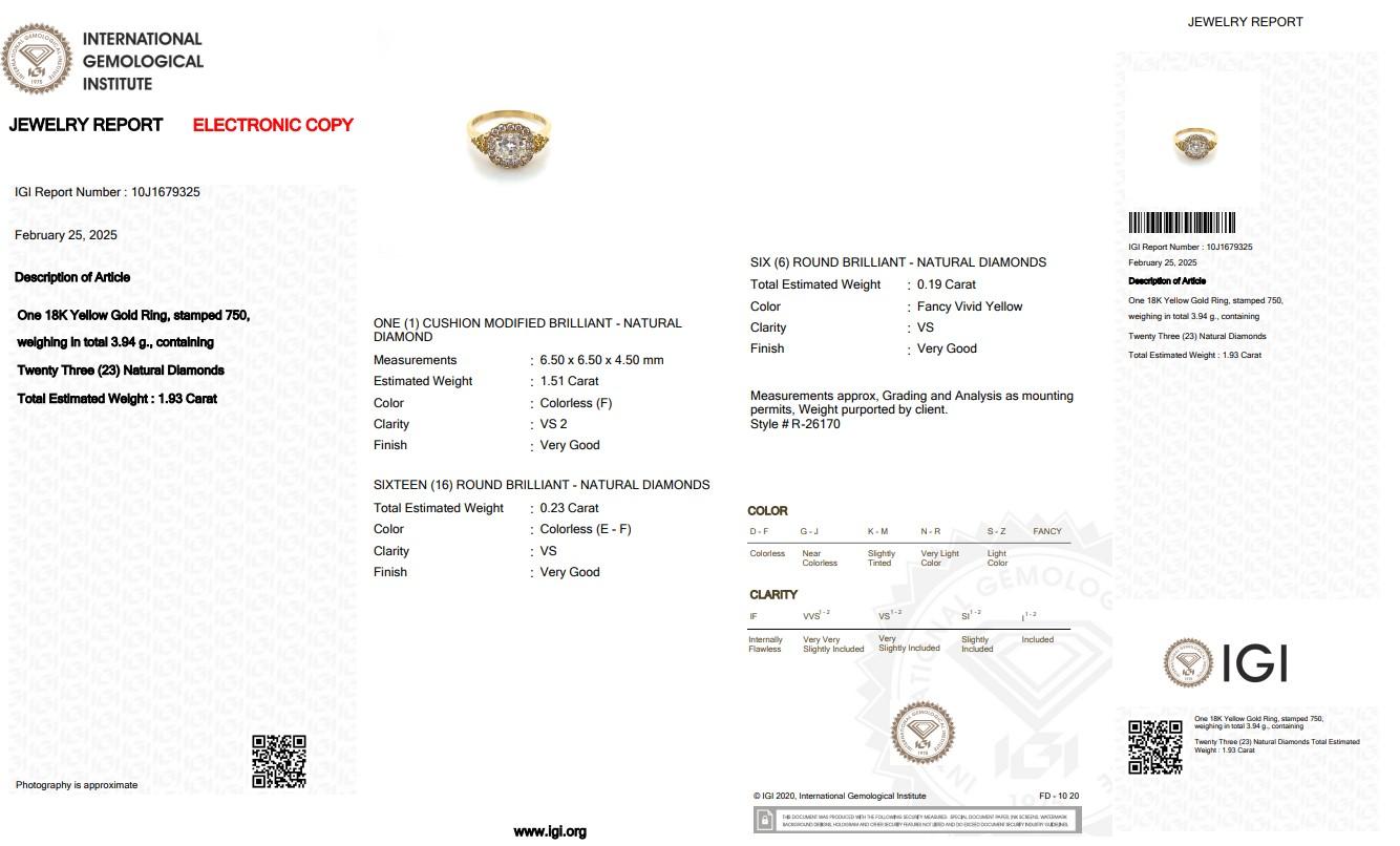 Women's Stunning 1.93ct Diamonds Halo Ring in 18k Yellow Gold - IGI Certified For Sale