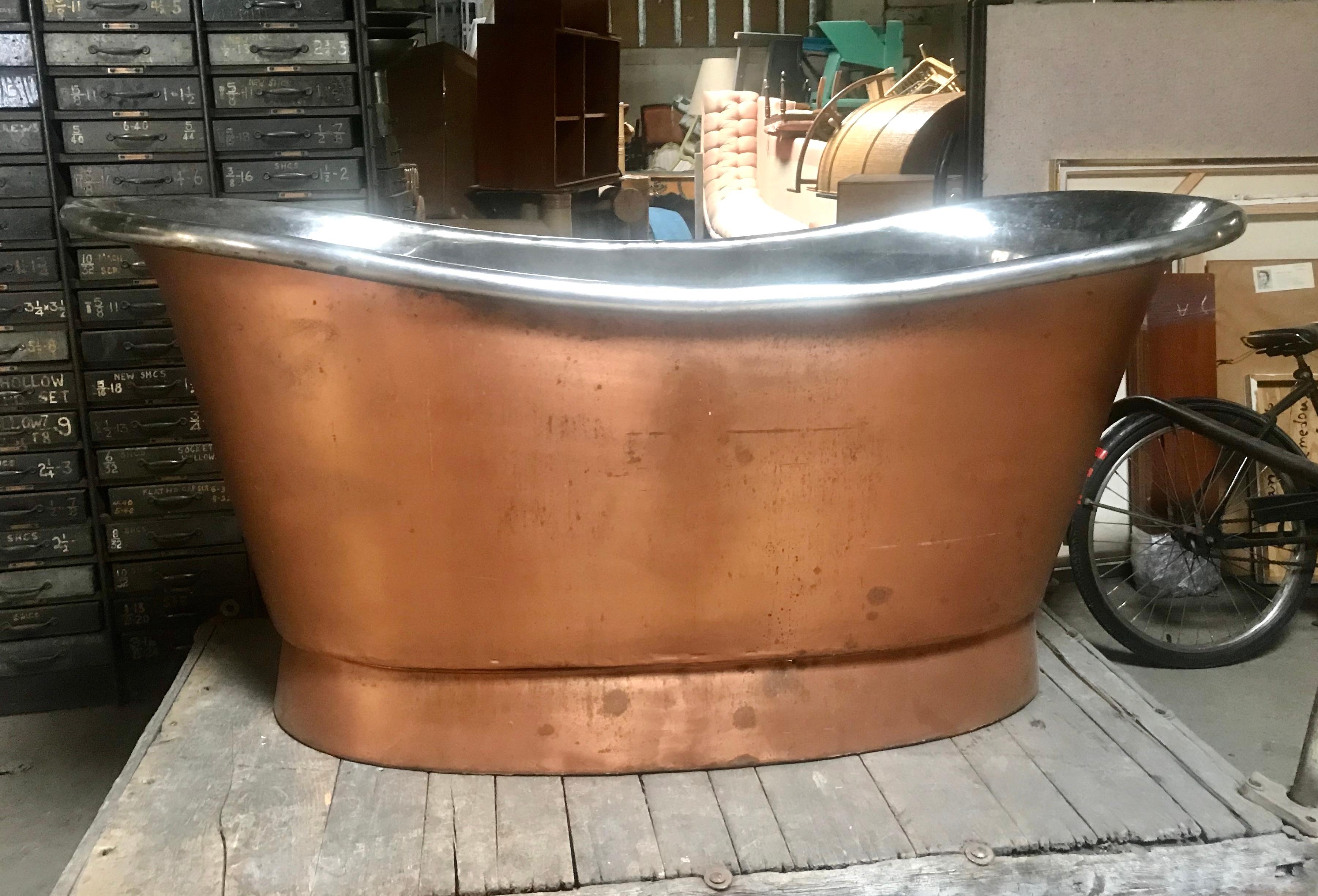 Stunning 1940s copper and nickel slipper bathtub, amazing style and design, retains original finish, patina.