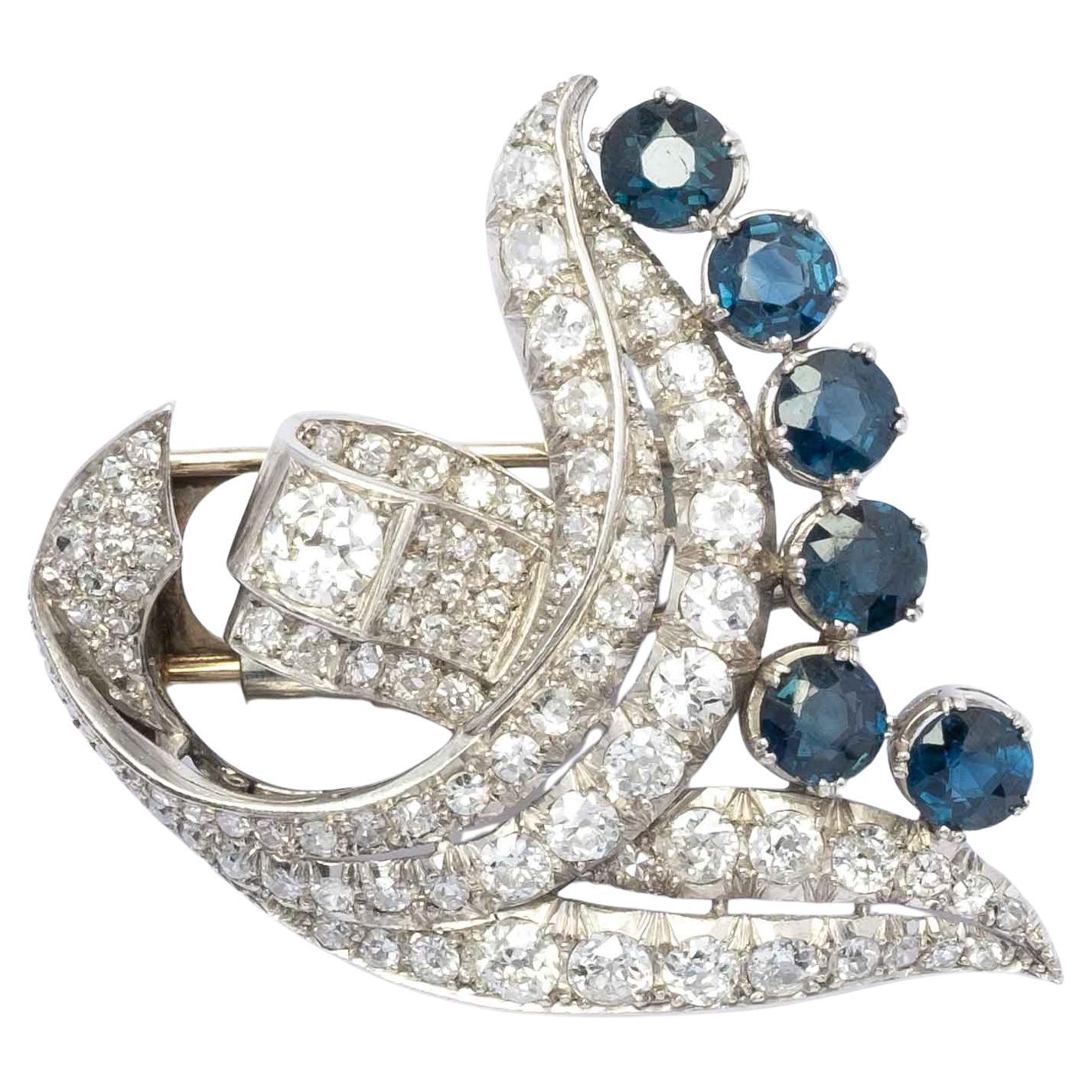 Atemberaubende 1940er Platin-Brosche mit Altschliff-Diamanten