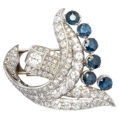 Stunning 1940s Platinum Brooch with Old-Cut Diamonds and Sapphires