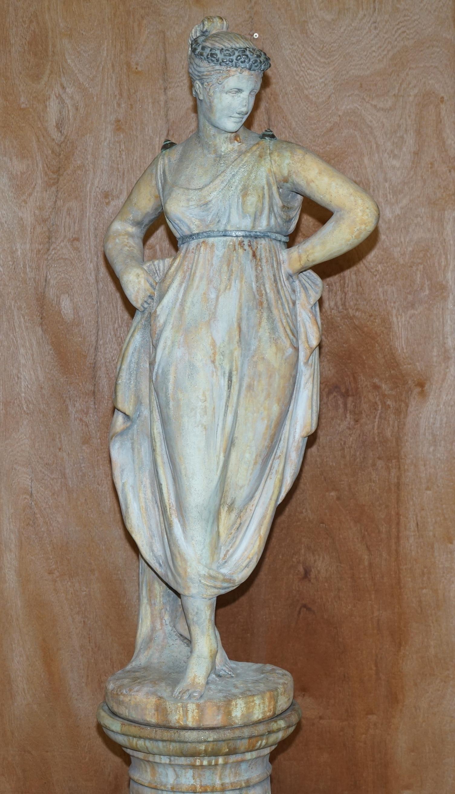 Neoclassical Stunning 195cm Neo Classical Garden Stone Statue of Lady on Plinth Bronze Pewter