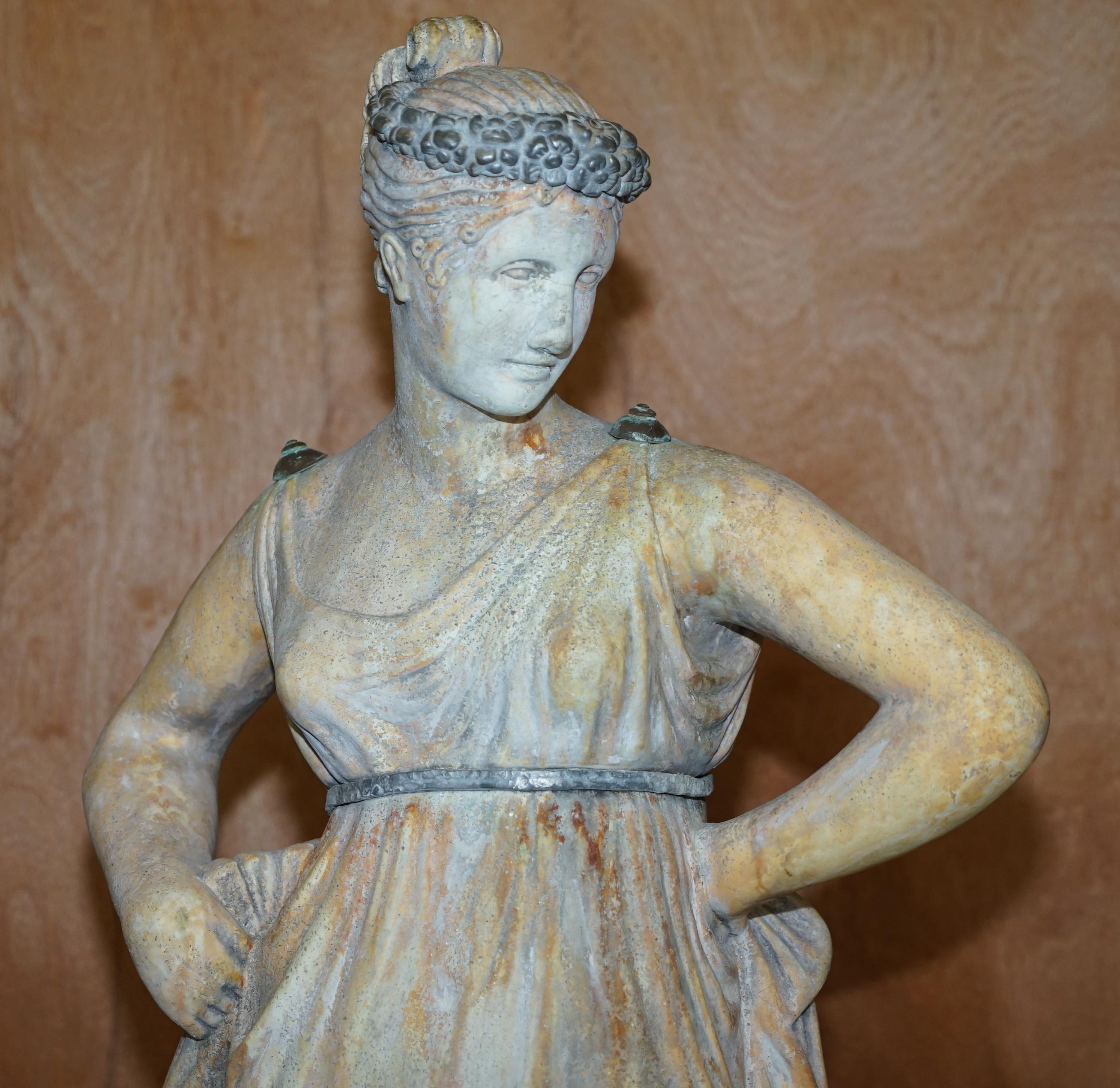 European Stunning 195cm Neo Classical Garden Stone Statue of Lady on Plinth Bronze Pewter
