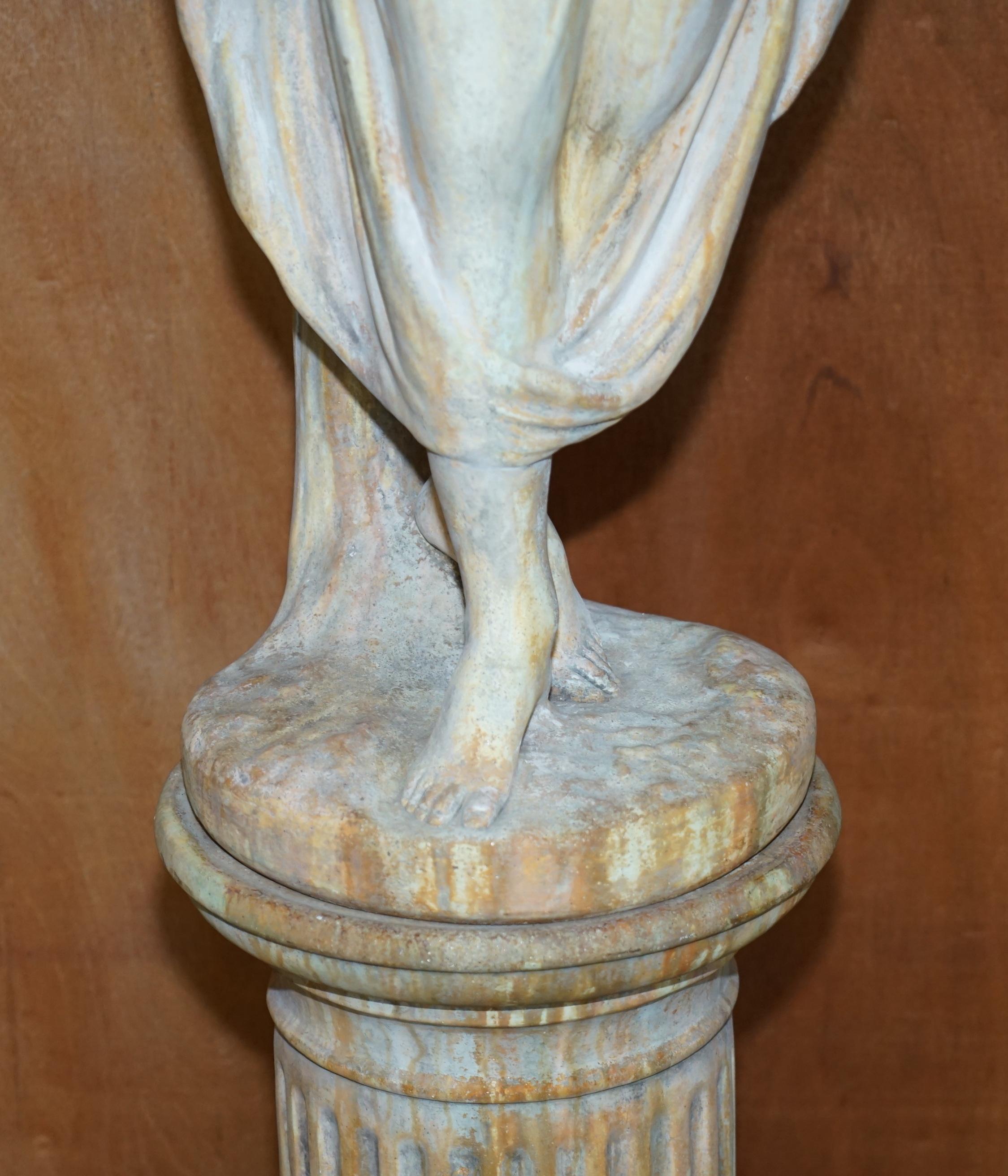 19th Century Stunning 195cm Neo Classical Garden Stone Statue of Lady on Plinth Bronze Pewter