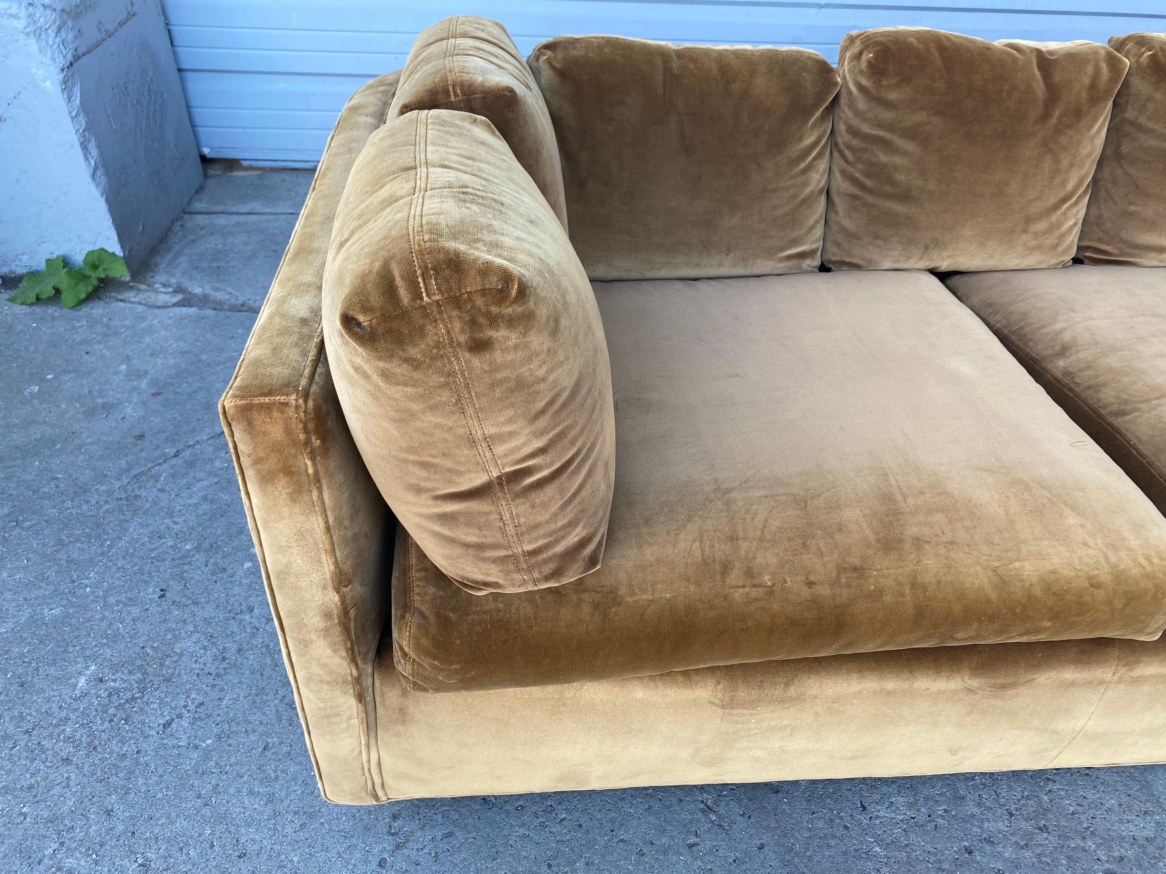 Stunning 1960s-70s Even Arm Velvet sofa on castors attributed to Milo Baughman, Classic design, Retains original castors, Beautiful brown velvet upholstery, great original condition. Extremely comfortable, Hand delivery avail to New York City or