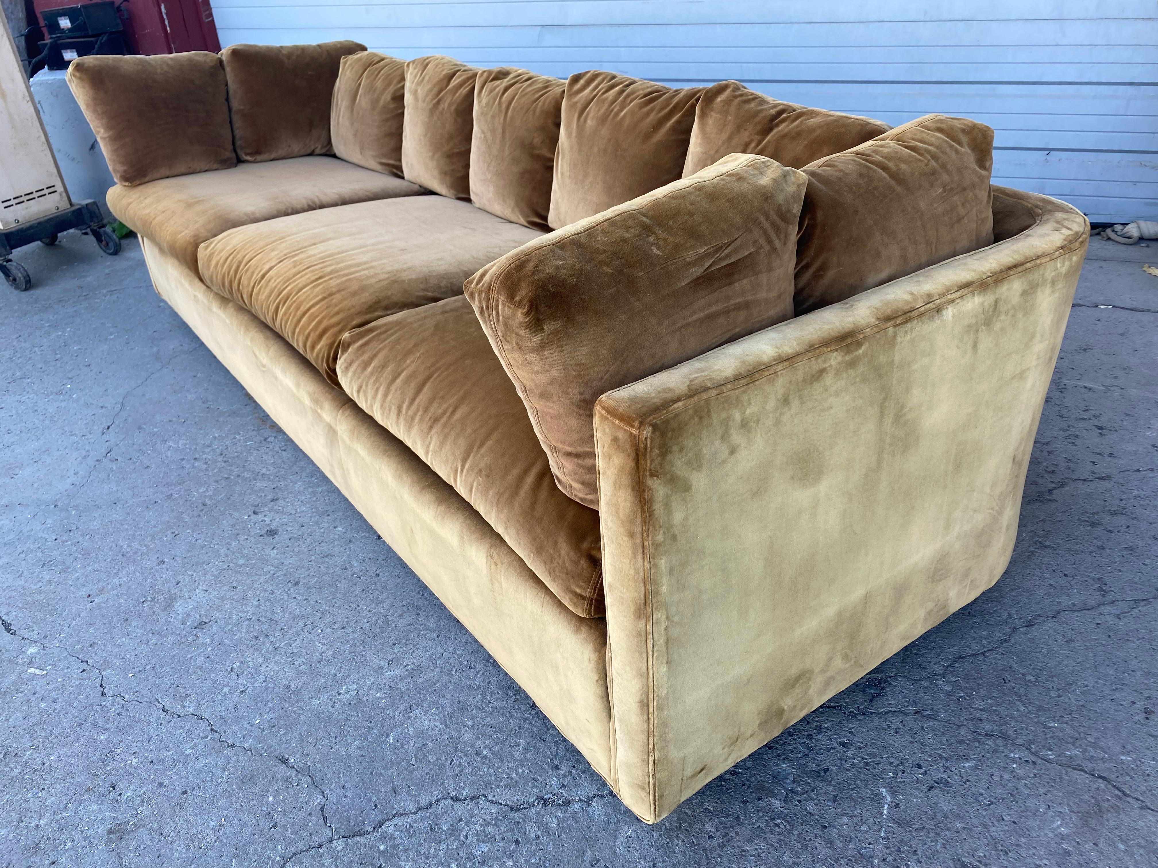 Mid-Century Modern Stunning 1960s-70s Even Arm Velvet Sofa on Castors Attrib. to Milo Baughman