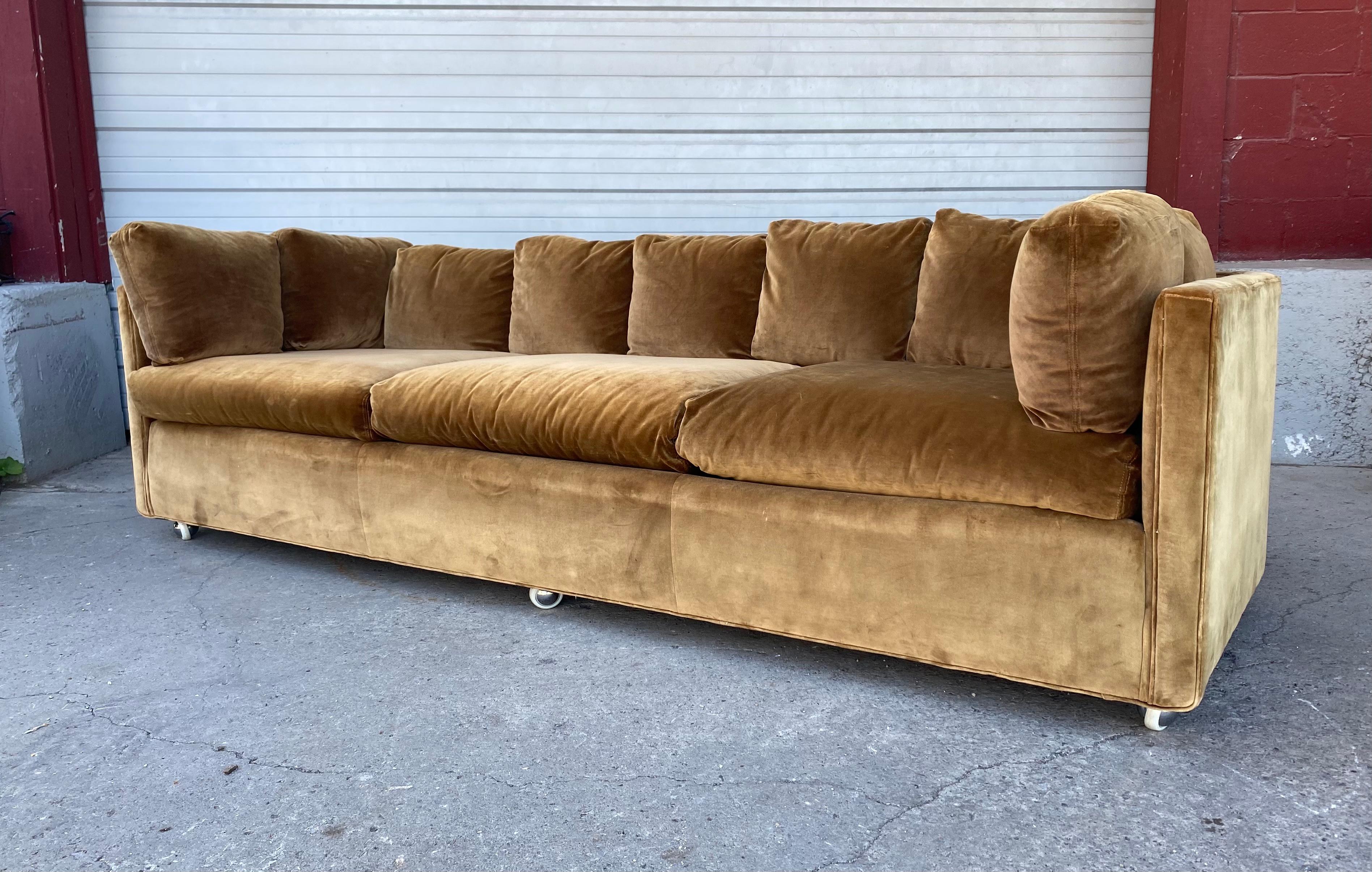 American Stunning 1960s-70s Even Arm Velvet Sofa on Castors Attrib. to Milo Baughman