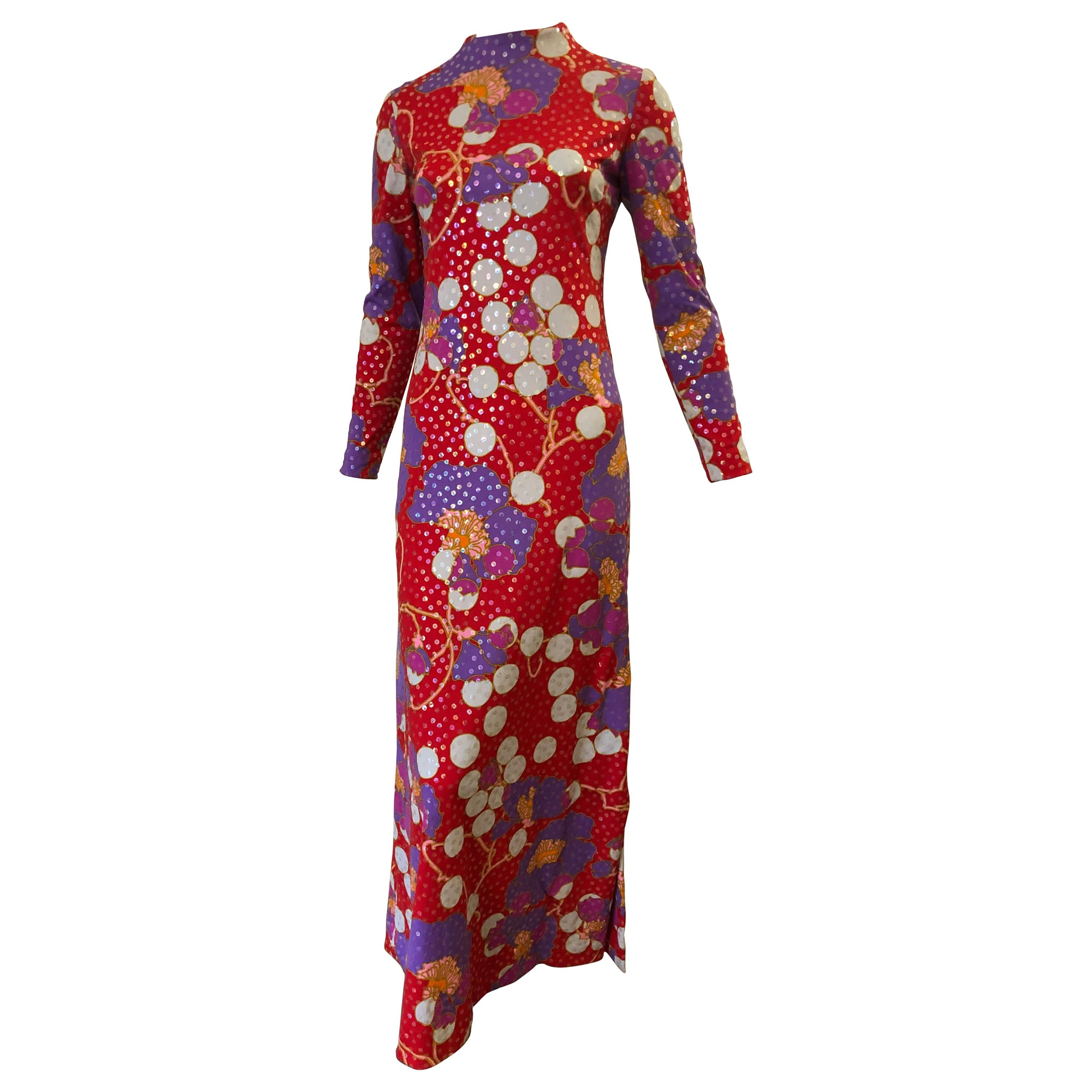 Stunning 1960s Anne Fogarty Sequin Floral Design Long Dress 