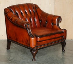 STUNNING 1960's BORDEAUX LEATHER RESTORED CHESTERFIELD CLUB ARMCHAIR & FOOTSTOOL