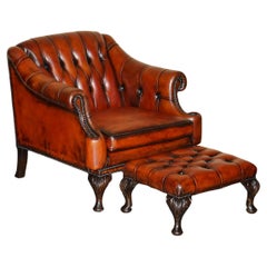 STUNNING 1960's BORDEAUX LEATHER RESTORED CHESTERFIELD CLUB ARMCHAIR & FOOTSTOOL