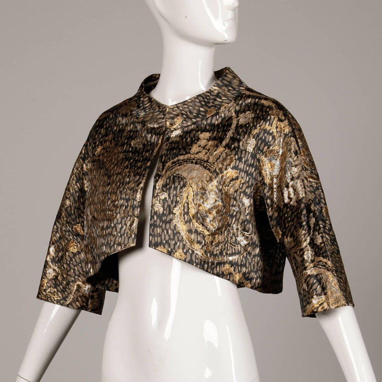 Stunning 1960s Helga Vintage Metallic Gold Silk Brocade Cropped Bolero