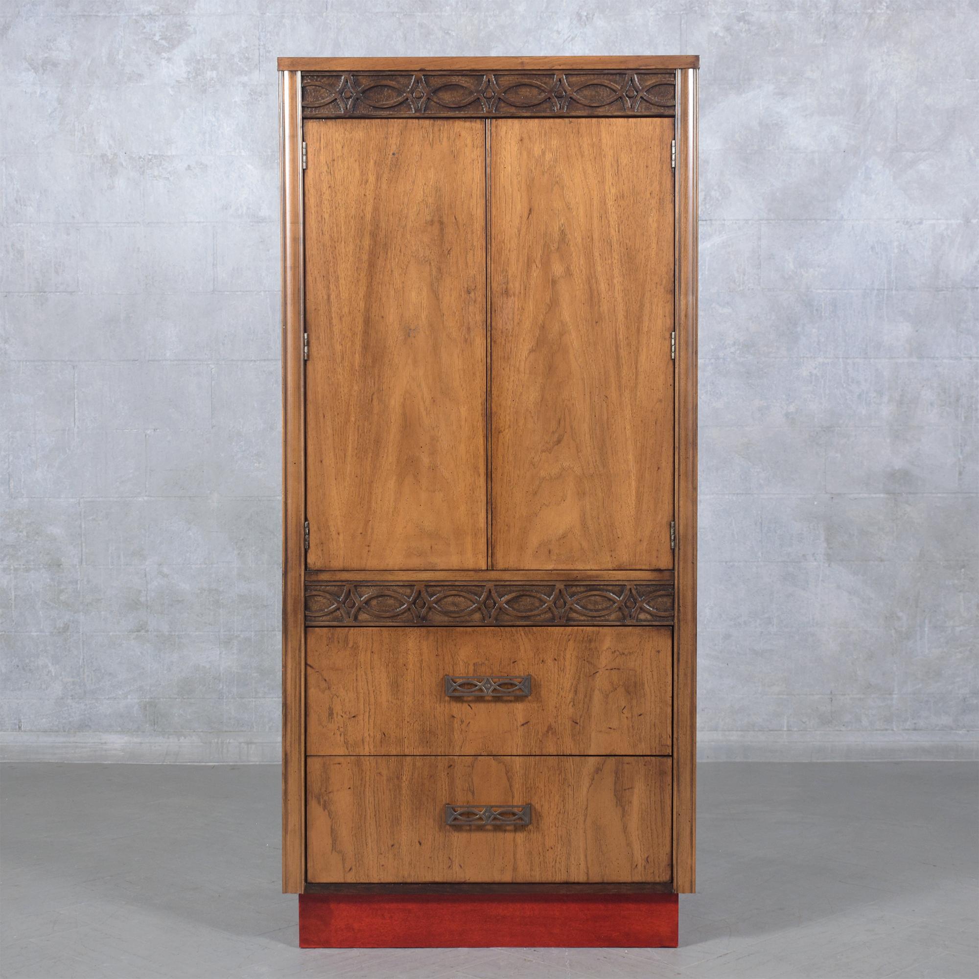 Discover the elegance and functional design of our 1960s Mid-Century Modern Bachelor Chest of Drawers. Expertly hand-crafted from premium walnut wood, this exquisite piece has undergone a thorough restoration to bring its vintage charm into the