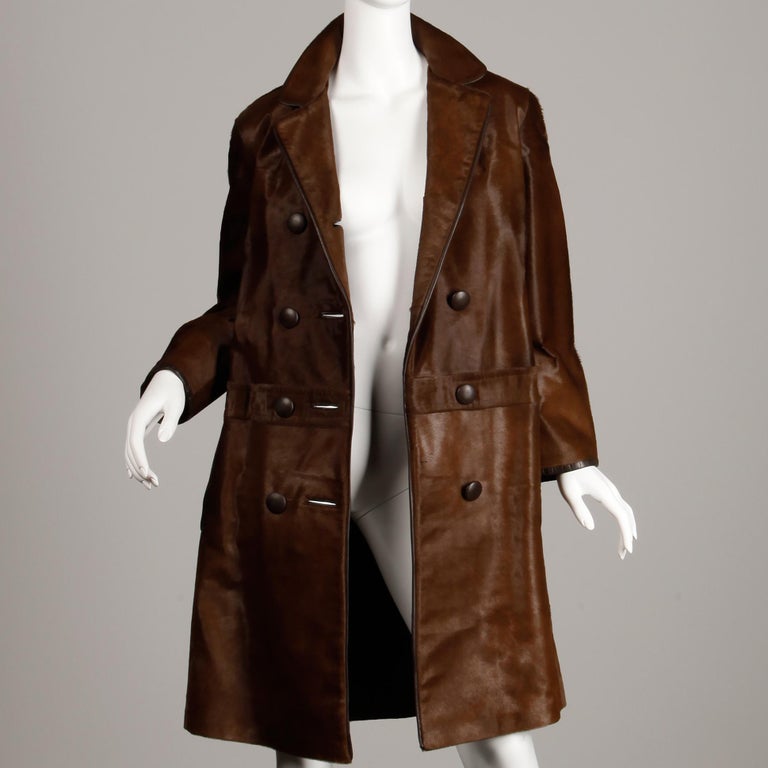 Stunning 1960s Vintage Pony Hair or Cowhide Brown Fur Coat with Leather