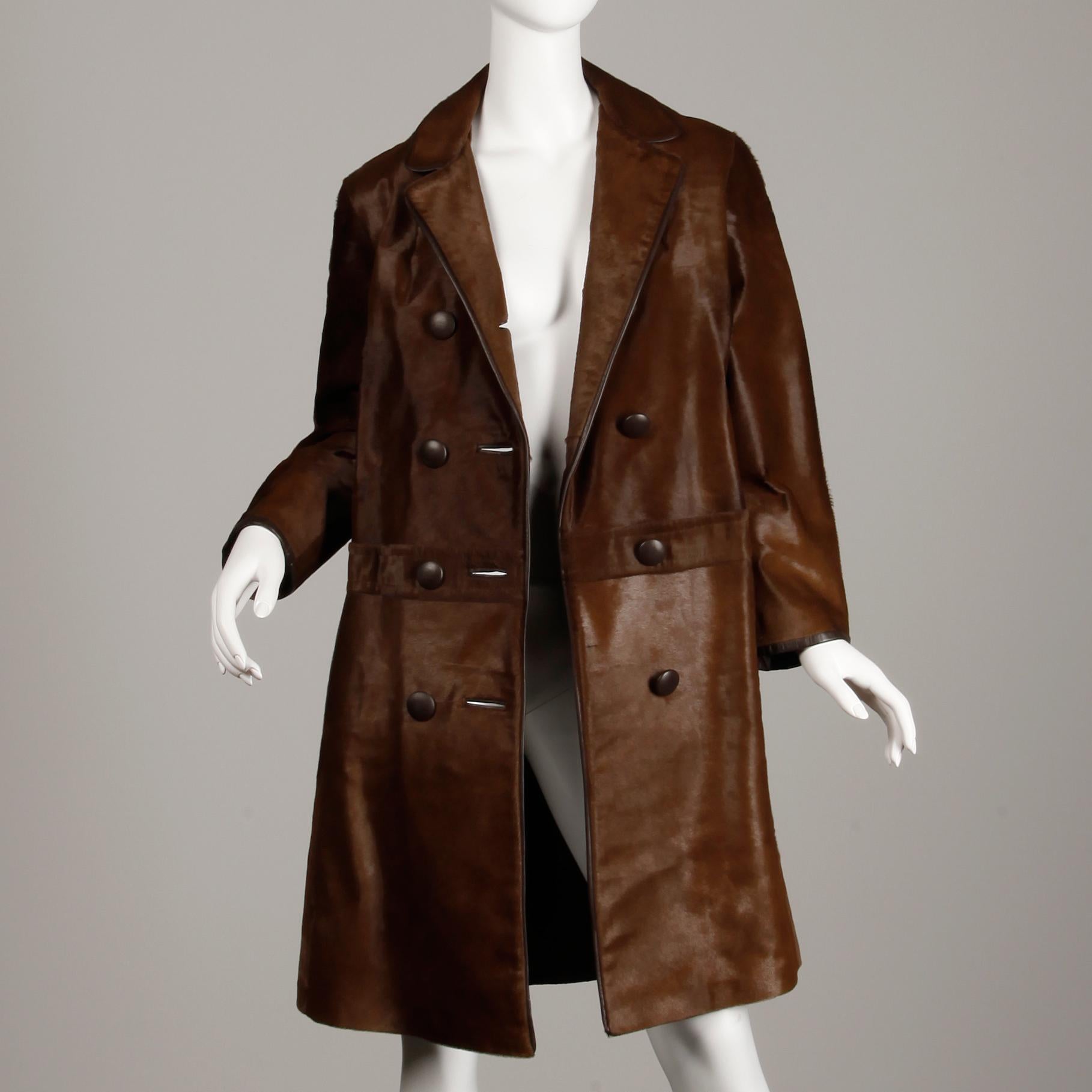 Stunning 1960s Vintage Pony Hair or Cowhide Brown Fur Coat with Leather Trim In Excellent Condition For Sale In Sparks, NV